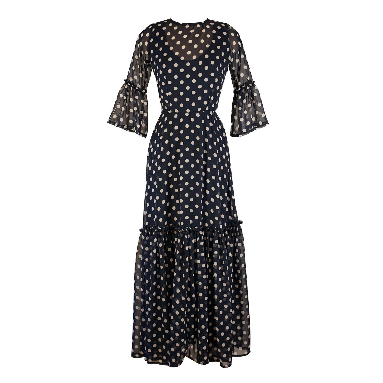 Women’s Blue Navy Polka Ruffle Dress Small Jennafer Grace