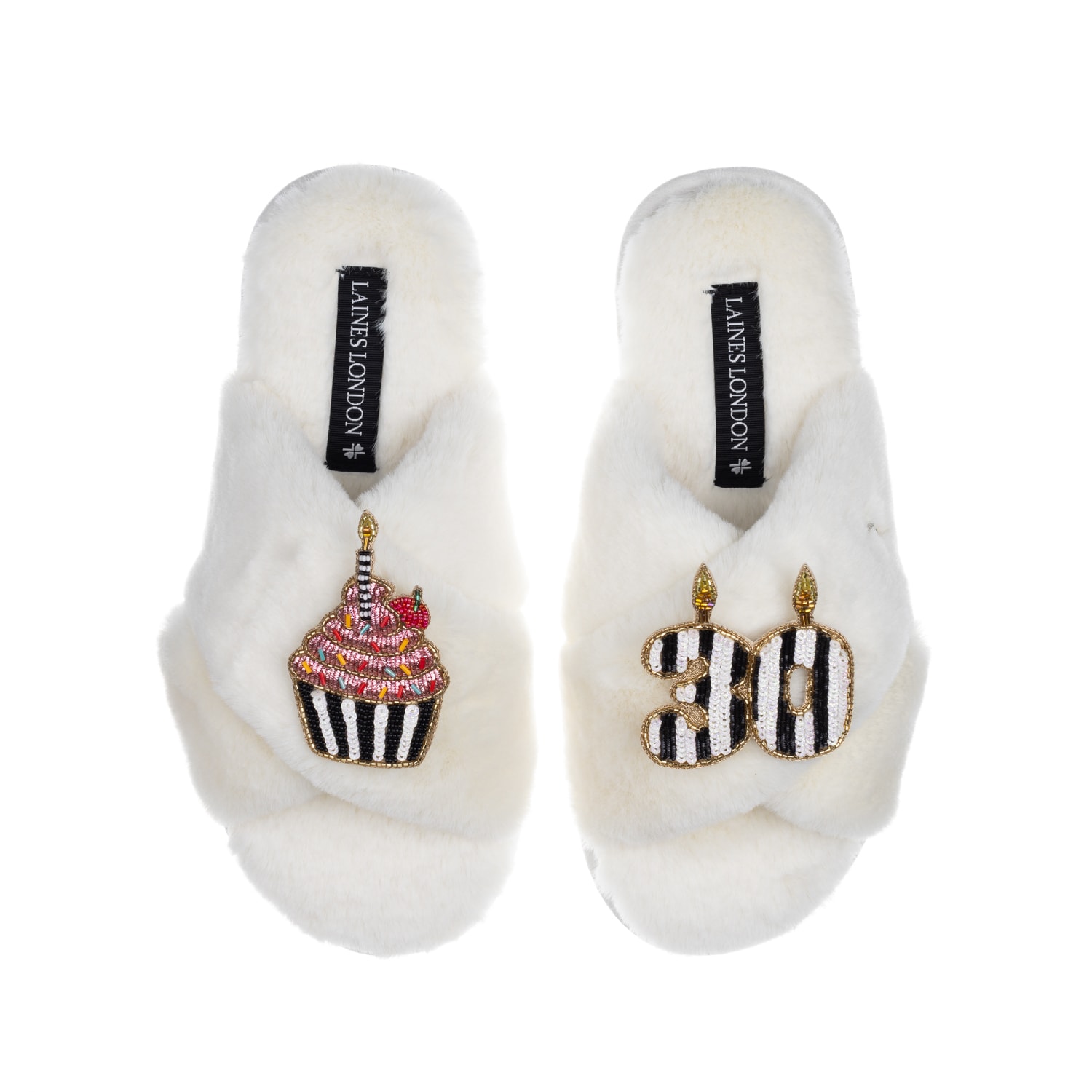 Laines London Women's White Classic Laines Slippers With Stripe 30th Birthday & Cake Brooches - Cream In White