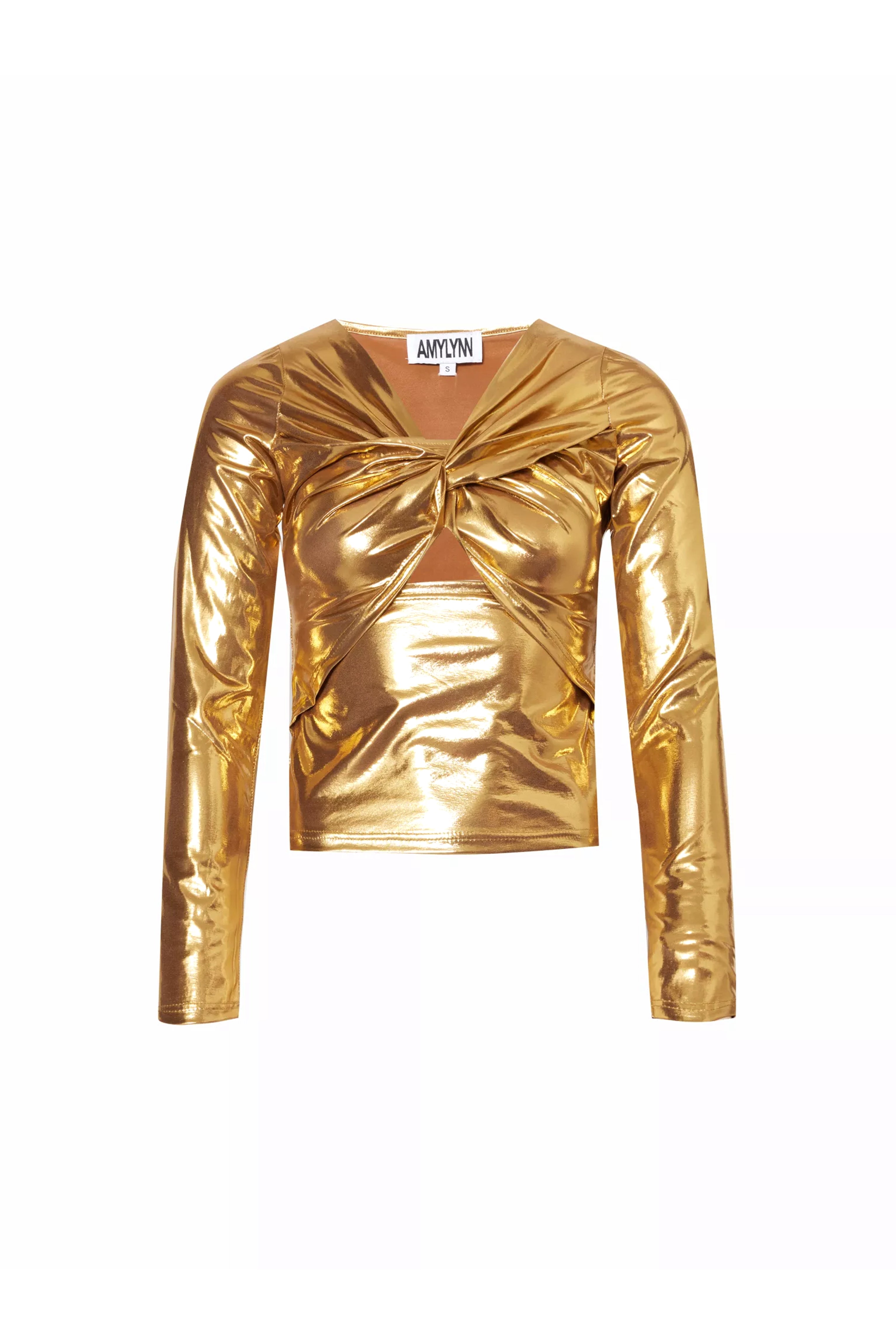Amy Lynn Womens Gold Twist-front Cut-out Metallic Stretch-woven Top In Gold