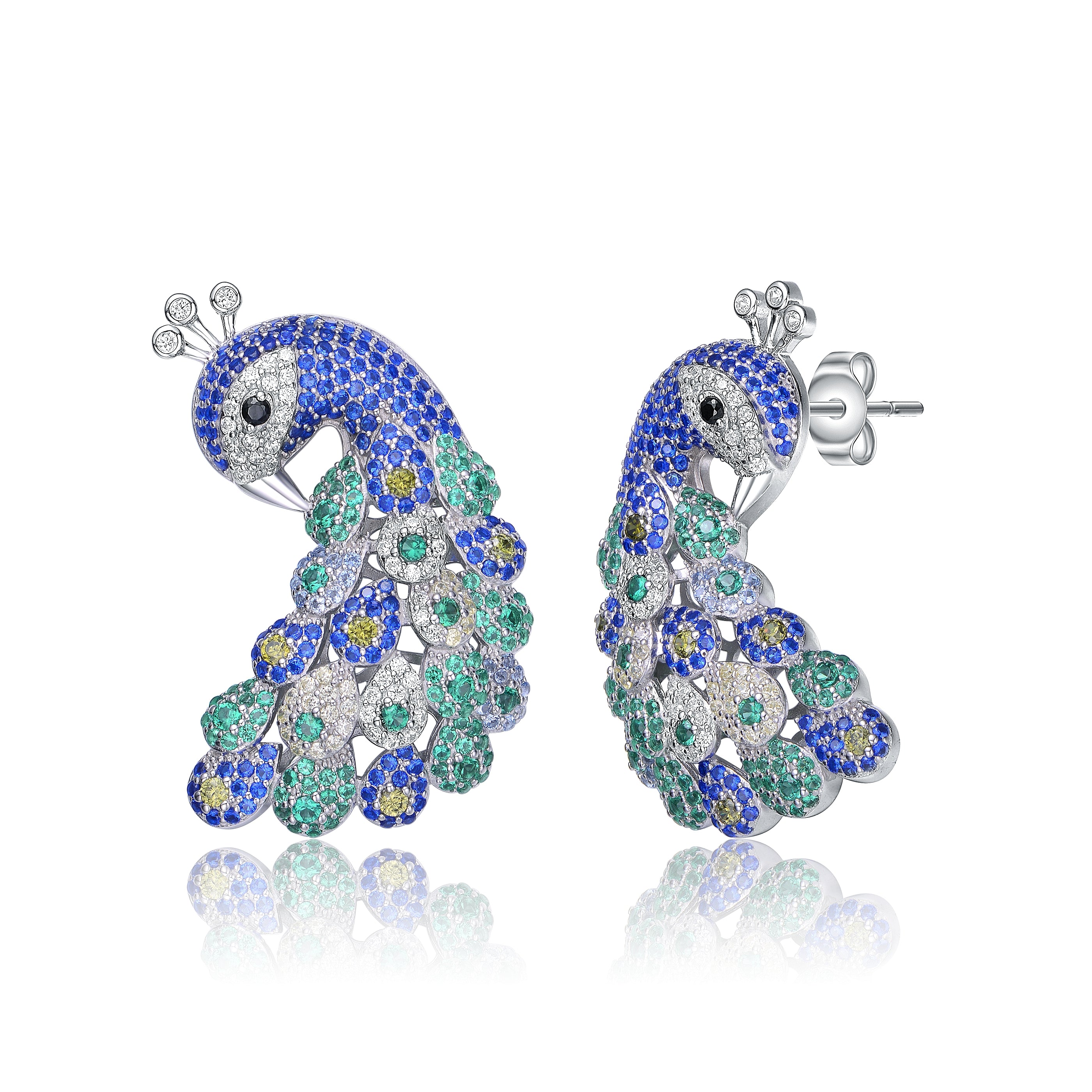 Women’s White / Green / Blue Sterling Silver White Gold Plated Sapphire & Emerald Cubic Zirconia Peacock Butterfly Earrings Genevive Jewelry