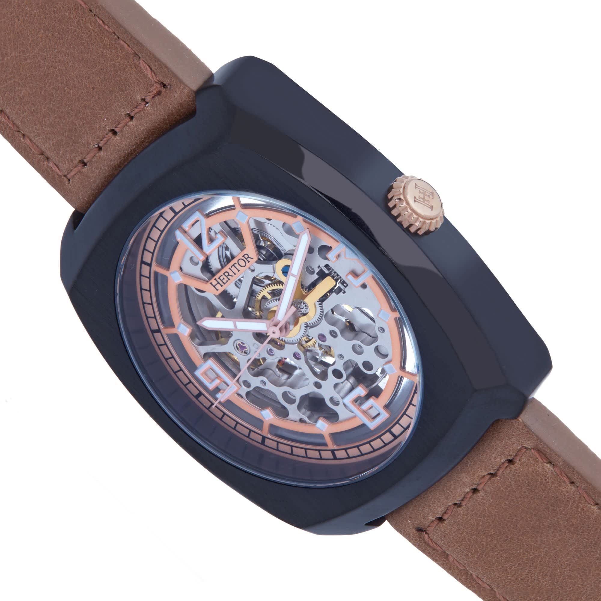 Gatling Leather Band Skeleton Watch Black Brown Heritor