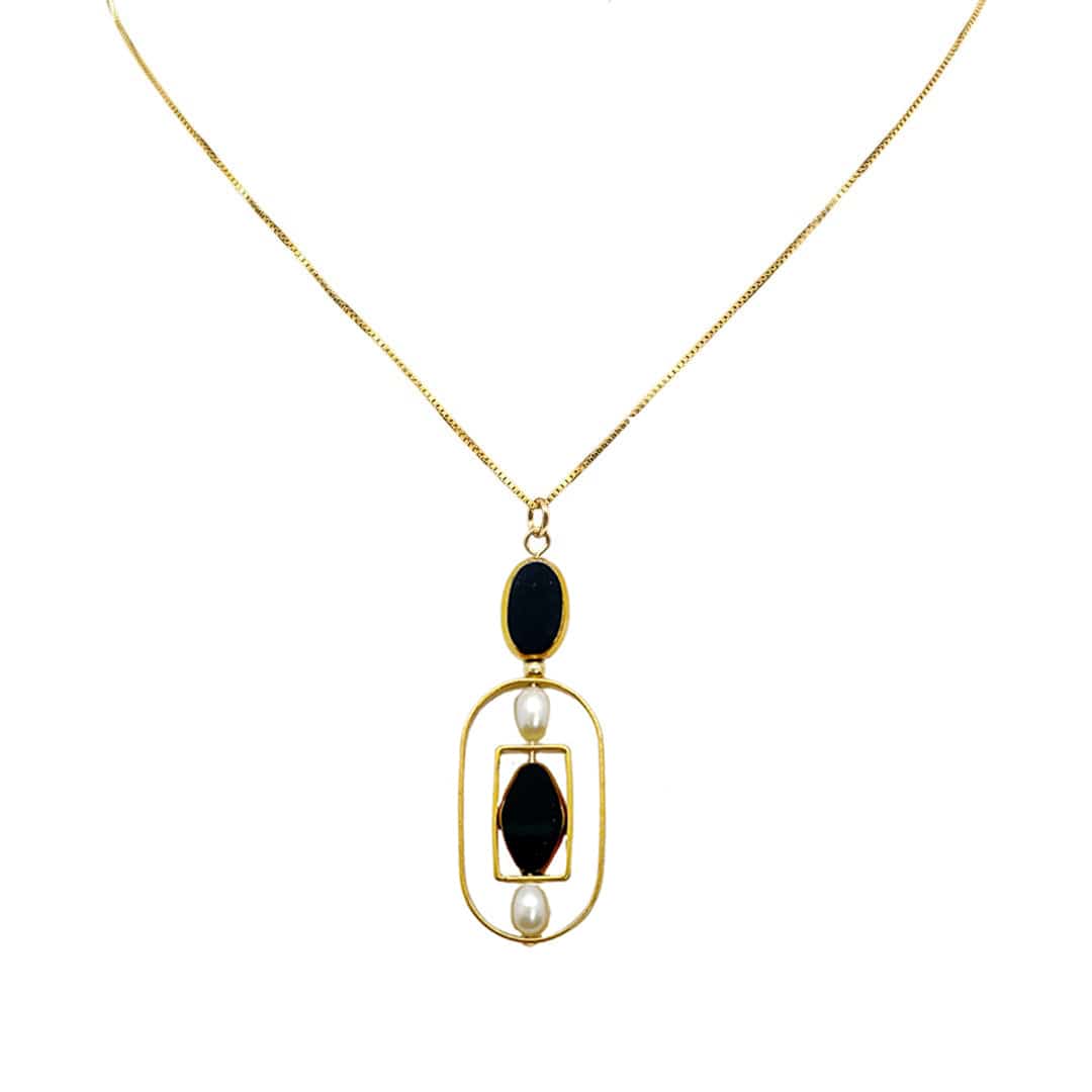 Women’s Geometric Art Black Oval X Pearls Chain Necklace Aracheli Studio