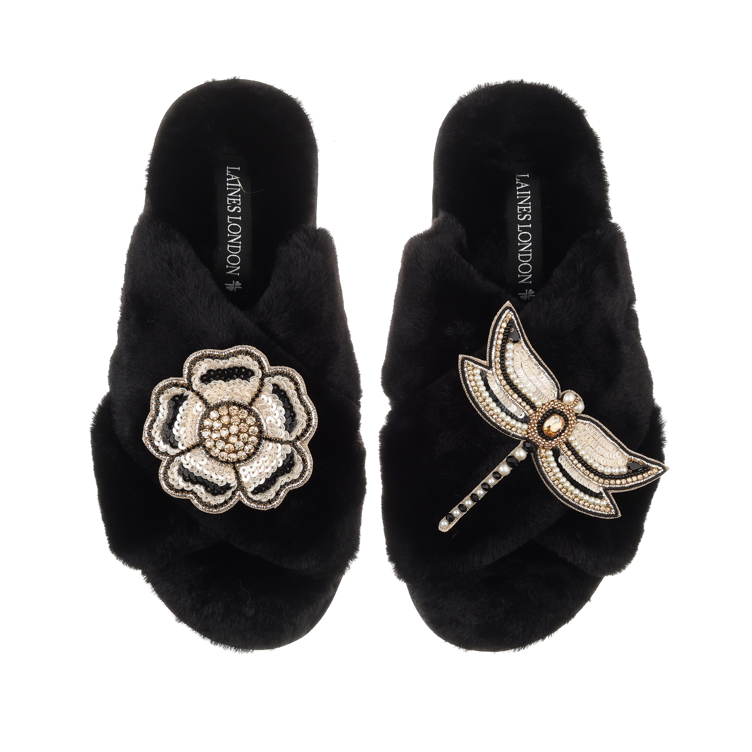 Laines London Women's Classic Laines Slippers With Dragonfly & Flower Brooches - Black