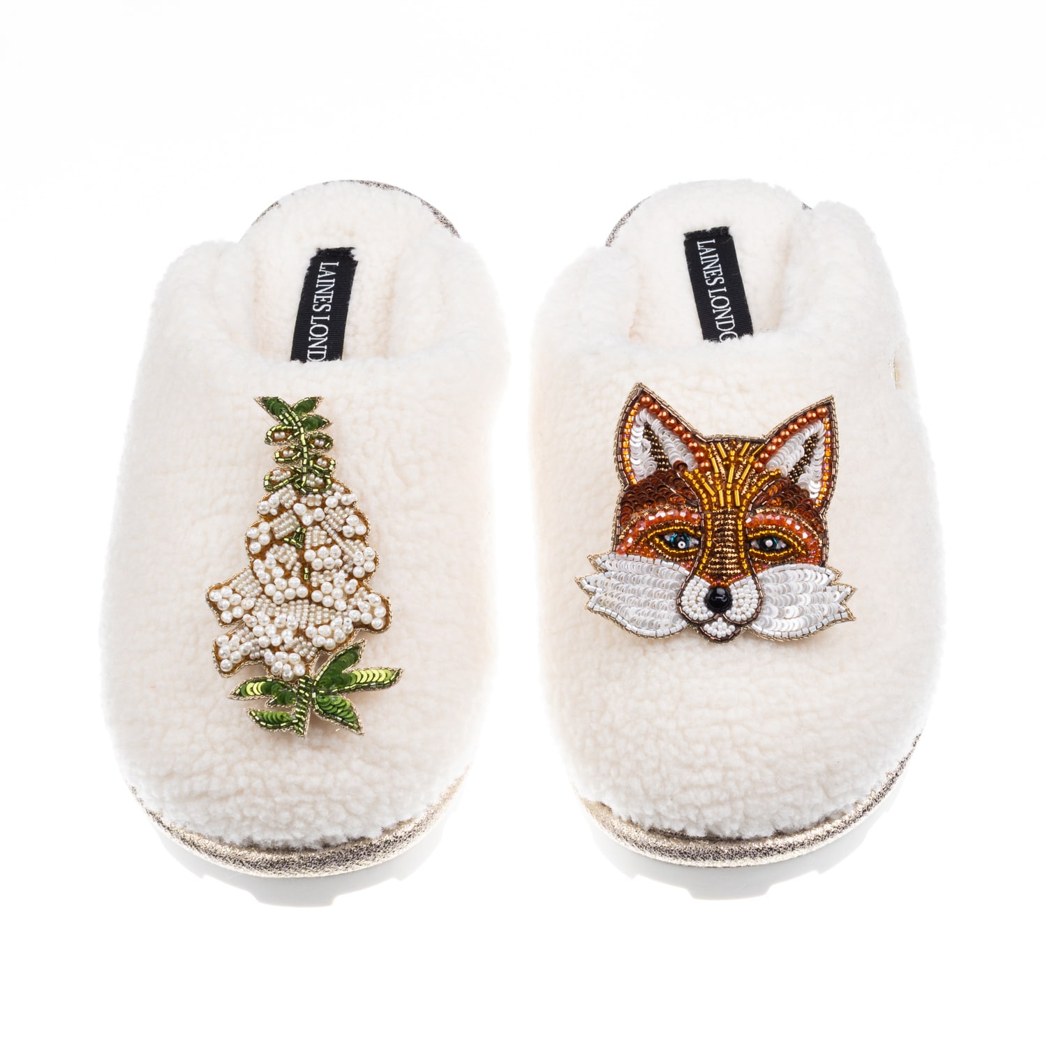 Laines London Women's Neutrals / White Teddy Closed Toe Slippers With Fox & White Foxglove Brooches - Cream In White
