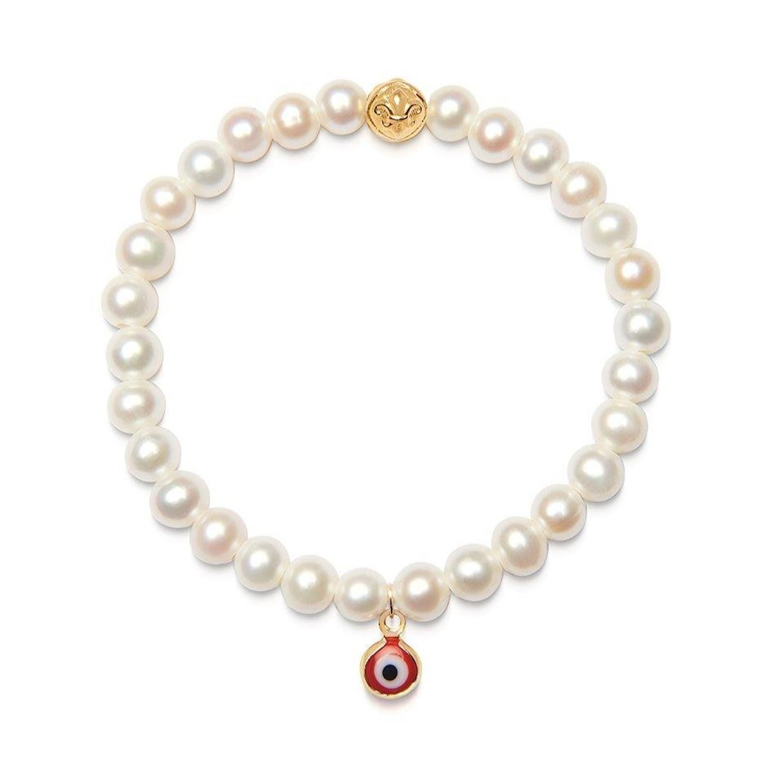 Nialaya Women's White / Gold Wristband With White Pearls And Red Evil Eye Charm