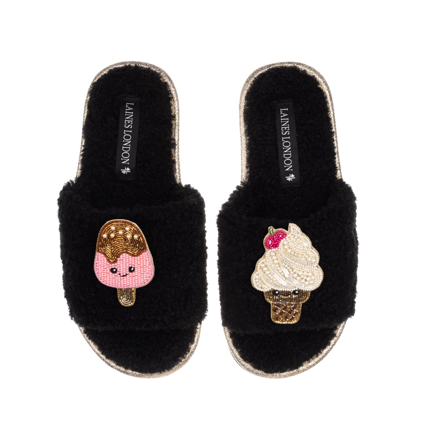 Laines London Women's Teddy Slider Slippers With Laines Loveables Ice Lolly & Ice Cream Brooches - Black In Black