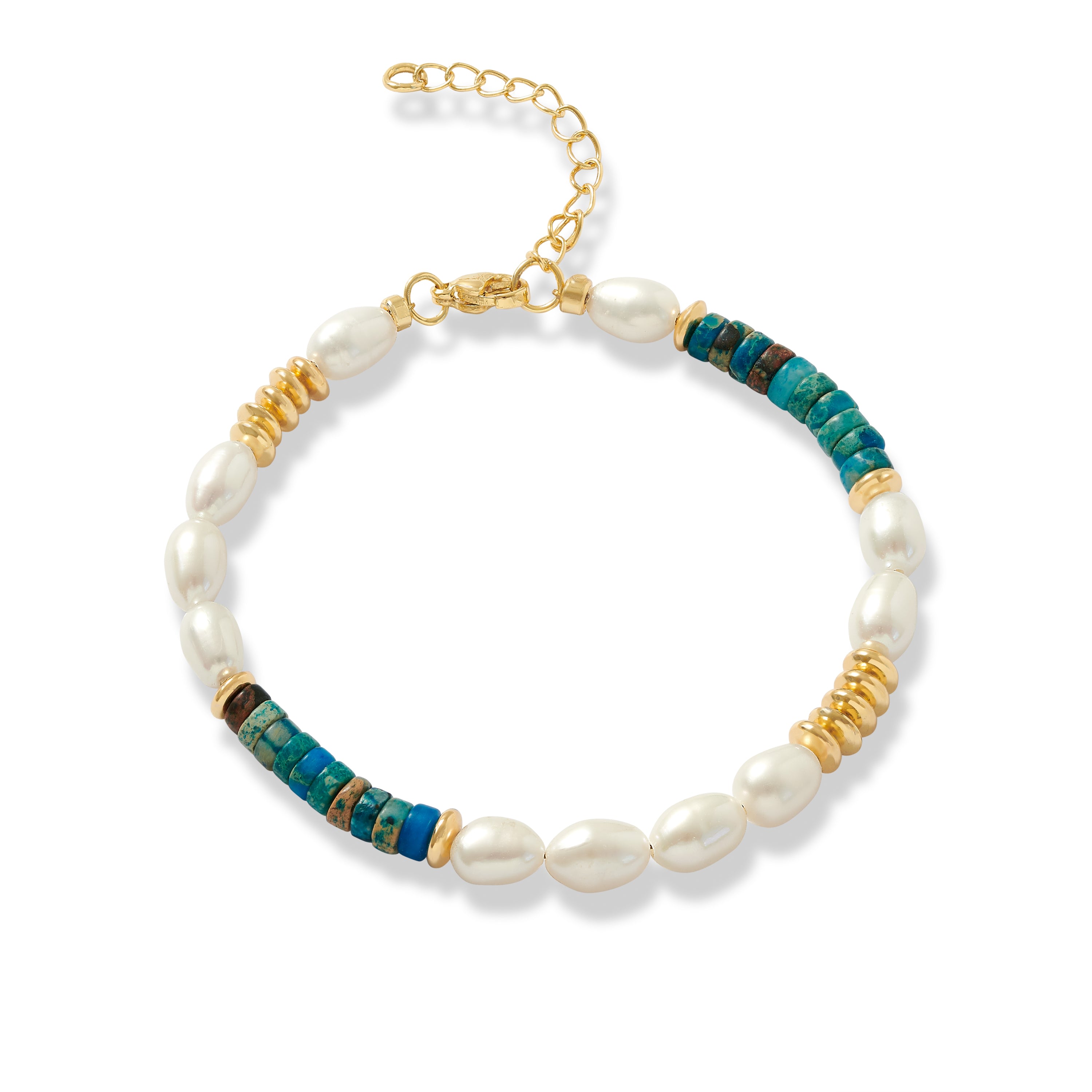 Pearls Of The Orient Online Women's White / Blue Nova Oval Cultured Freshwater Pearl Bracelet With Blue Jasper & Gold Beads In Multi