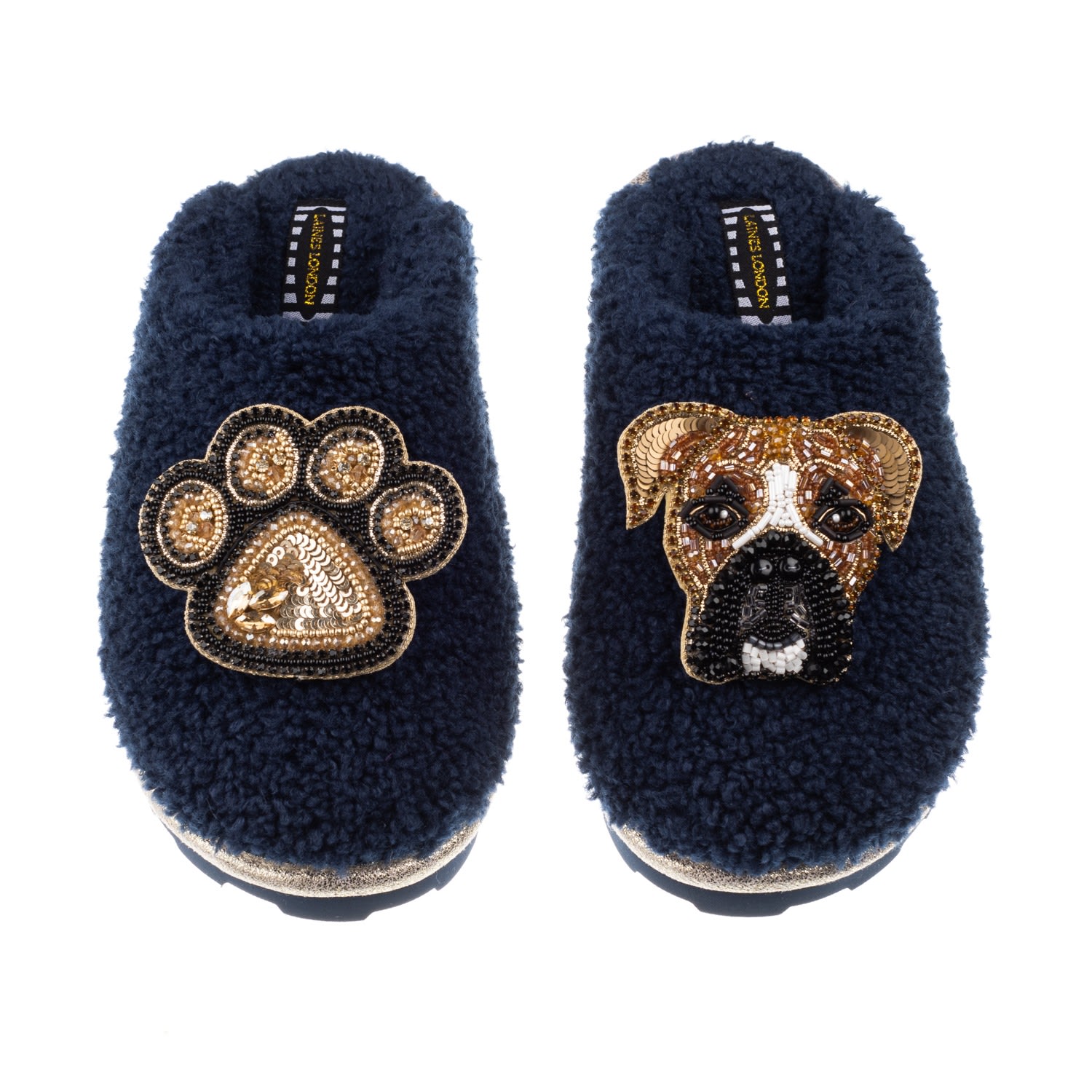 Women’s Blue Teddy Towelling Closed Toe Slippers With Pip The Boxer & Paw Print Brooches - Navy Medium Laines London