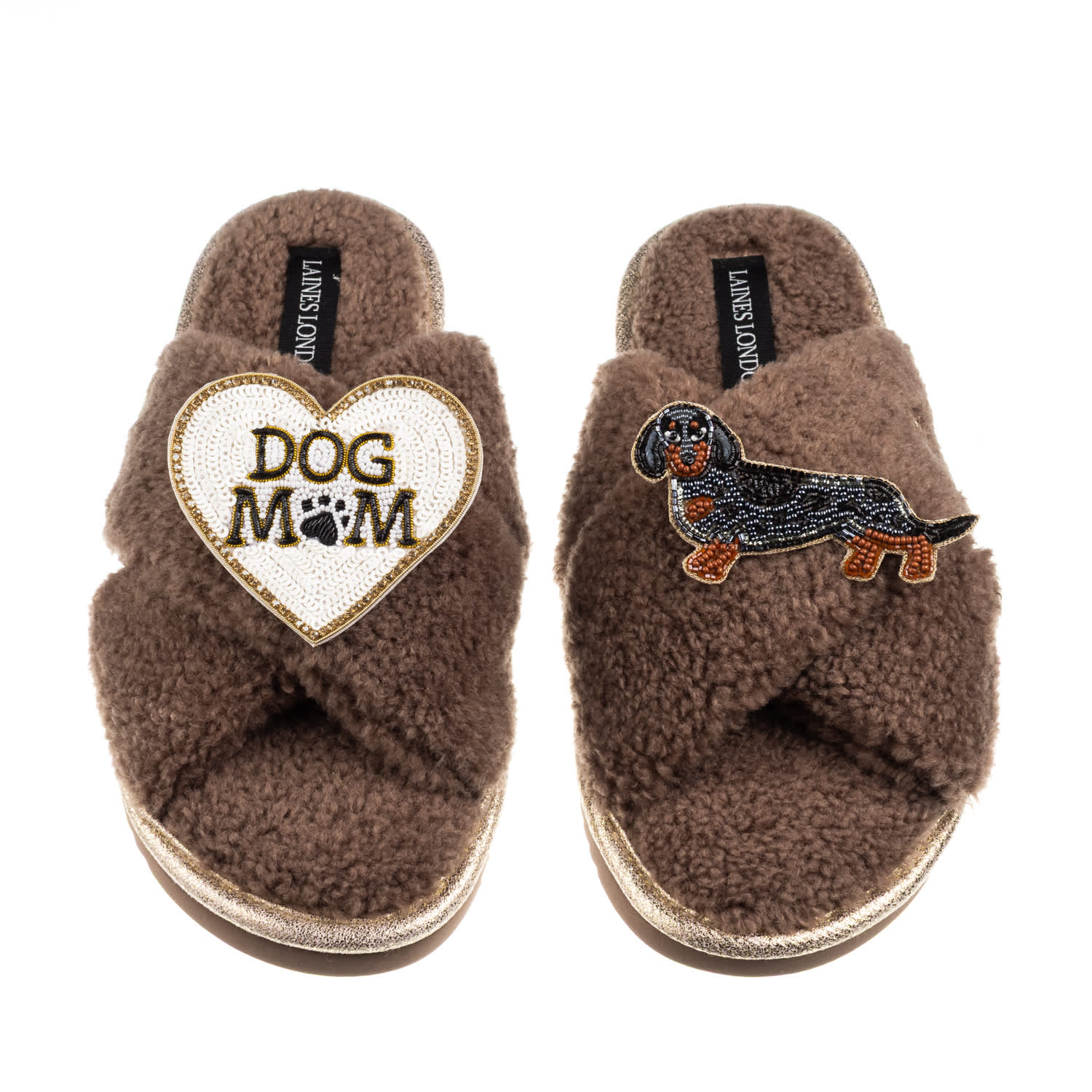Laines London Women's Brown / Neutrals Boucle Slippers With Dog Mum/mom & Dapple Dachshund Brooches - Mink In Brown