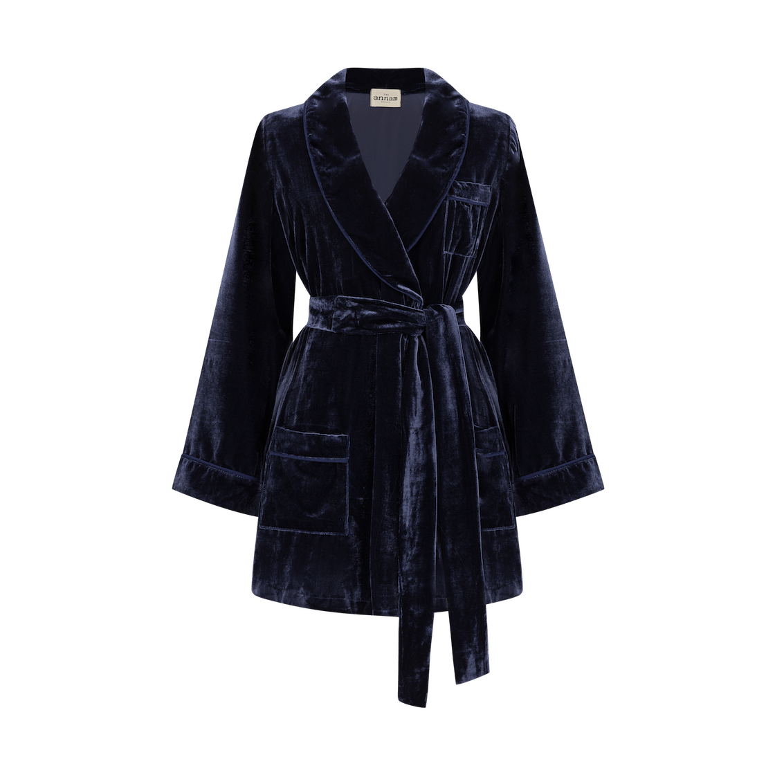 The Annam House Women's Velvet Piped Short Robe With Belt - Midnight Blue