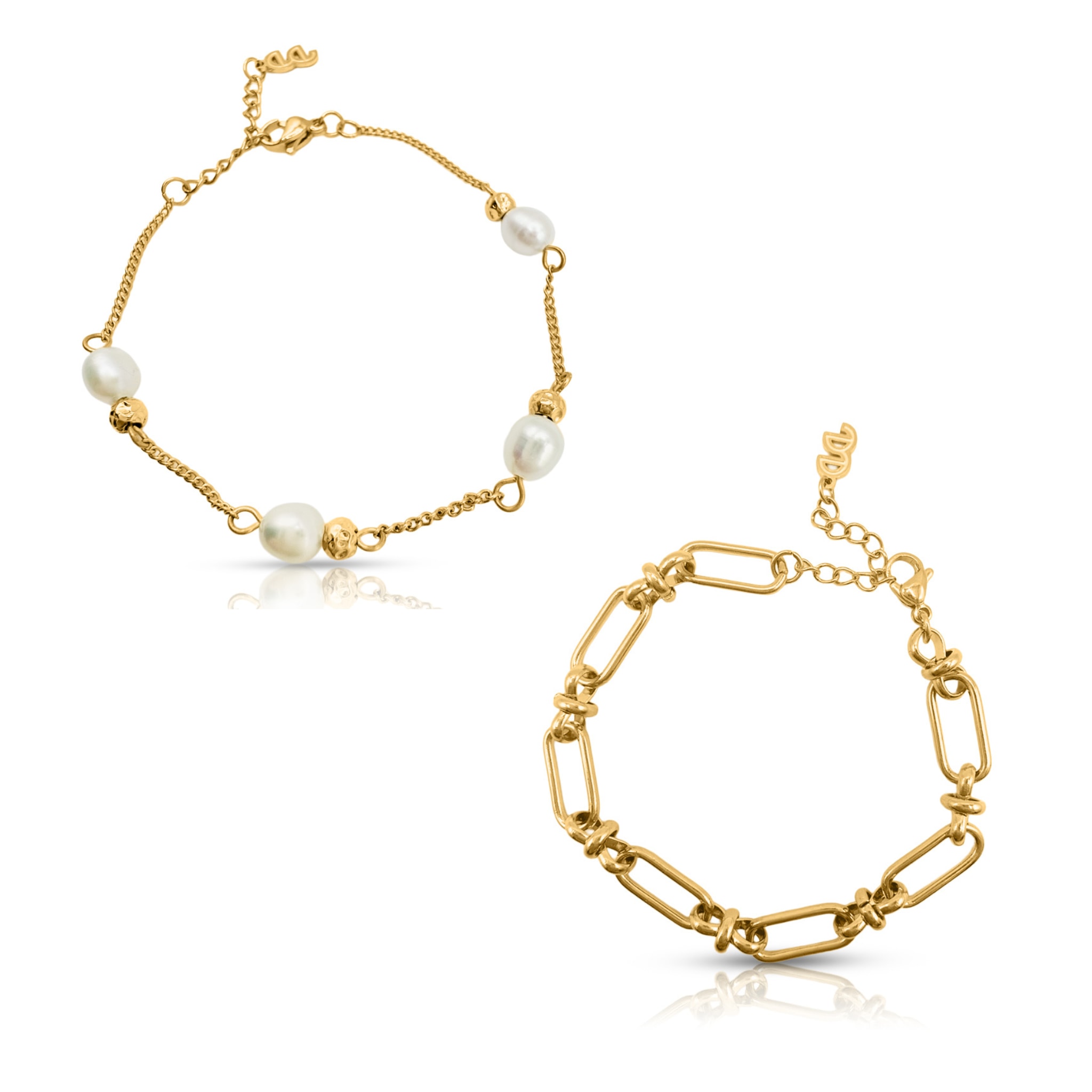 Ever Jewellery Women's Gold / White Off Court Pearl + Signal Chain Bracelet Bundle In Gold