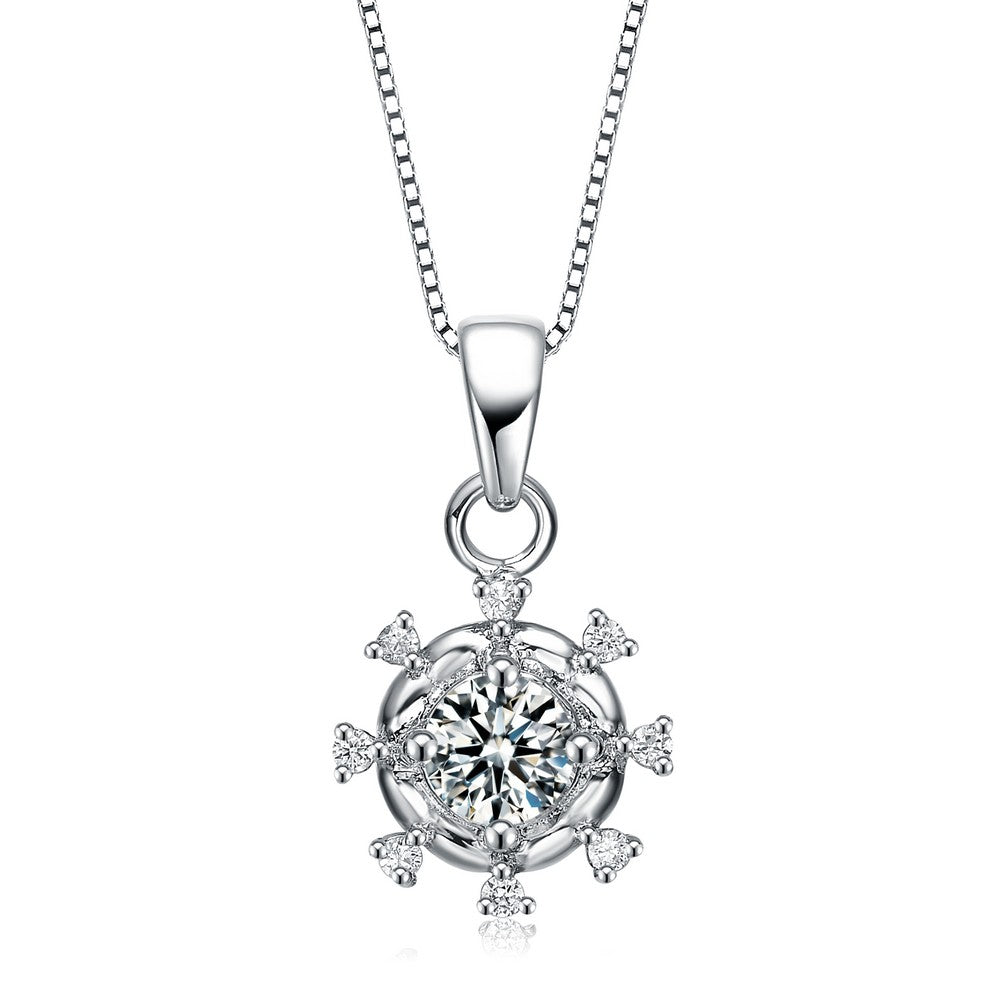 Women’s White / Silver Cz Sterling Silver Round Pendant Surrounded With Hearts Genevive Jewelry