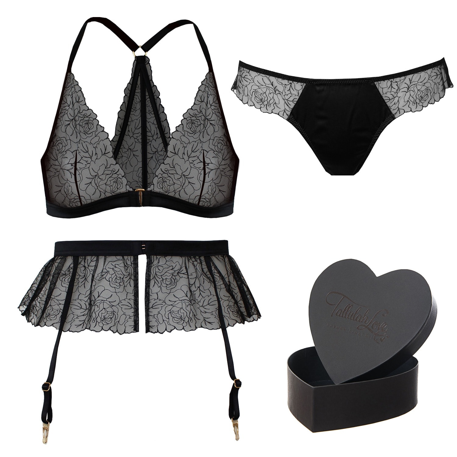 Tallulah Love Women's Black Midnight Rose Gift Set: Bralette, Brief, Suspender & Heart Box In Black