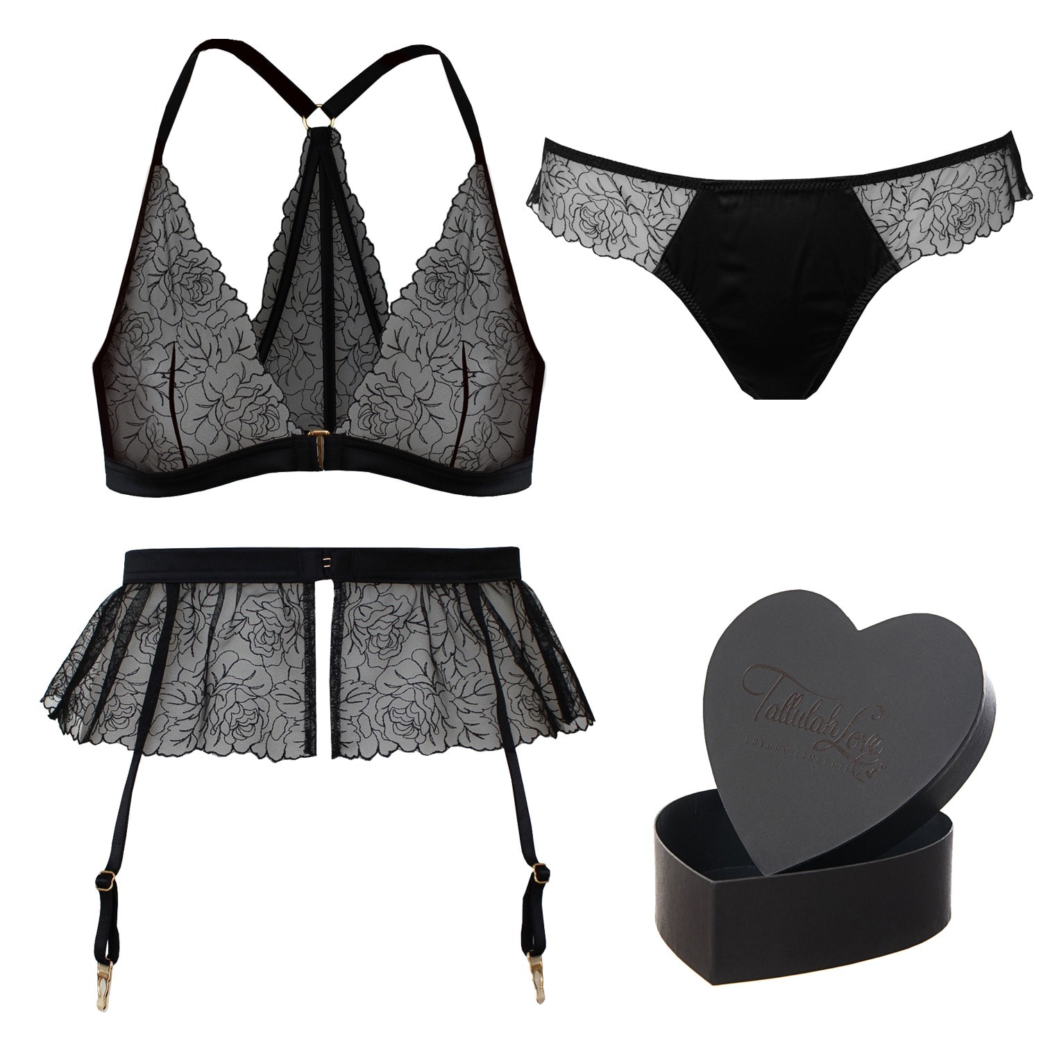 Women’s Black Midnight Rose Gift Set: Bralette, Brief, Suspender & Heart Box Large Tallulah Love