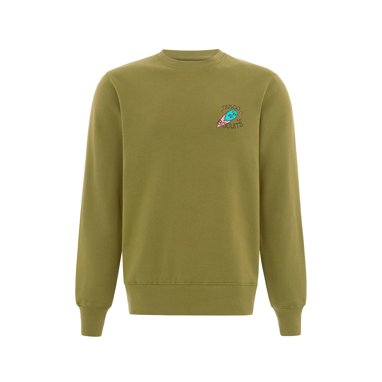 Disco Trip Embroidered Organic Mens Sweatshirt In Khaki Green Small Blonde Gone Rogue