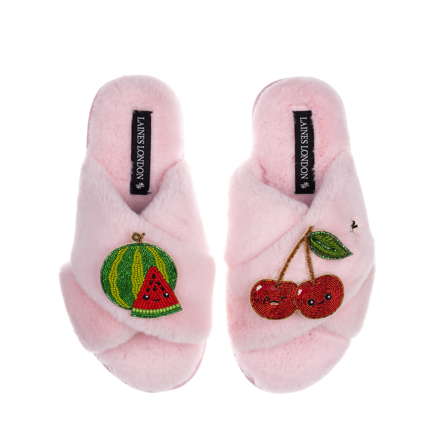 Laines London Women's Pink / Purple Classic Slippers With Laines Loveables Watermelon & Cherry Brooches - Pink In Pink/purple