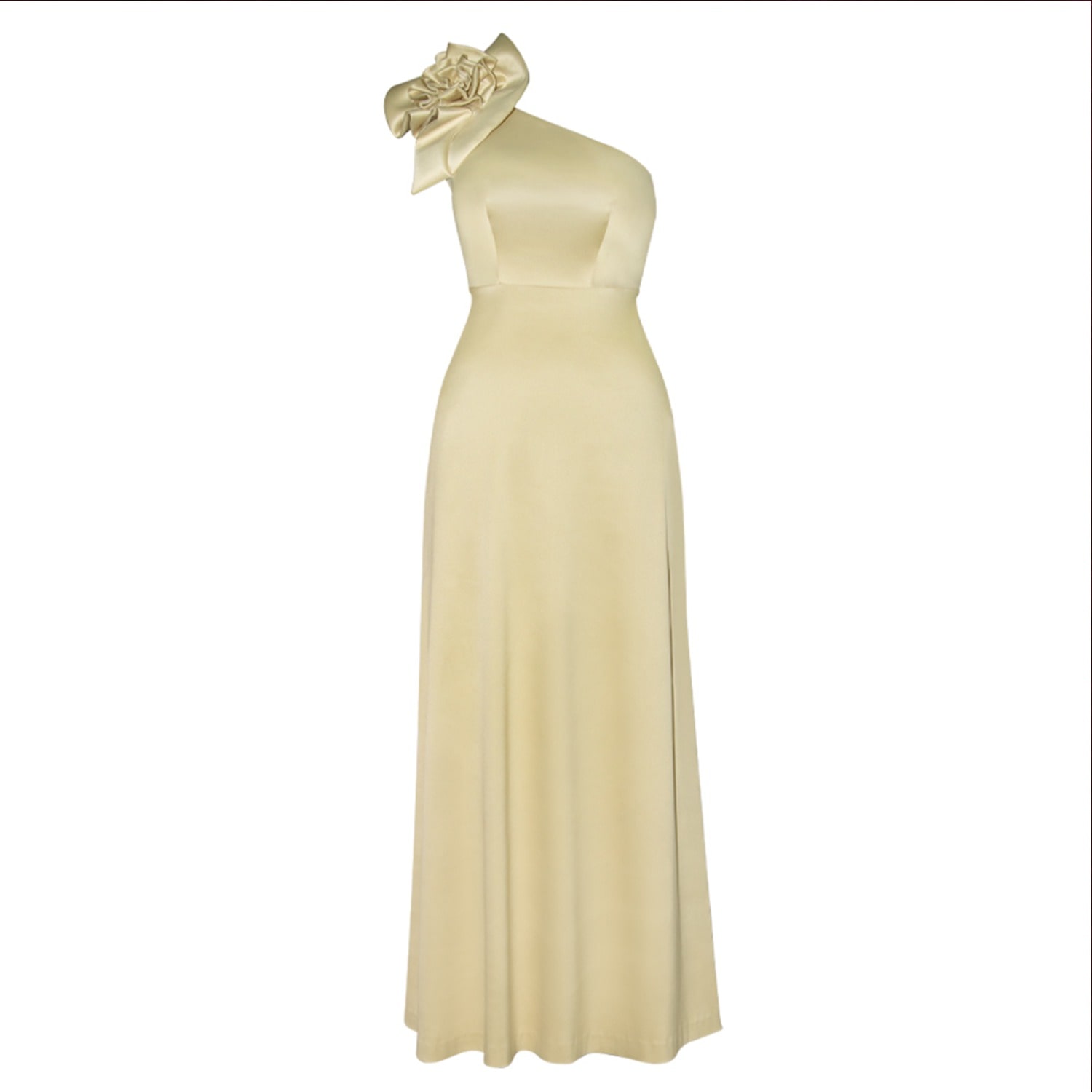 Alina Anwar Couture Women's One Shoulder Celestial Yellow Satin Gown With Flower Detailing. In Yellow