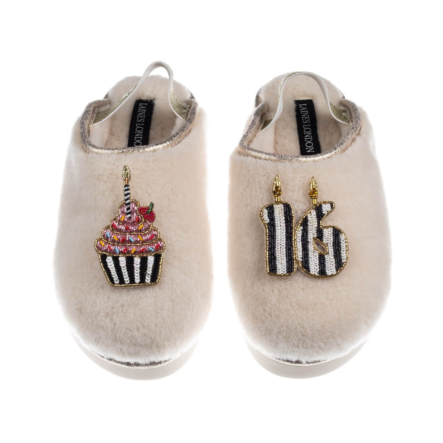 Laines London Women's Neutrals / White / Gold Flatform Cloud Slippers With Stripe16th Birthday & Cake Brooches - C In Neutral