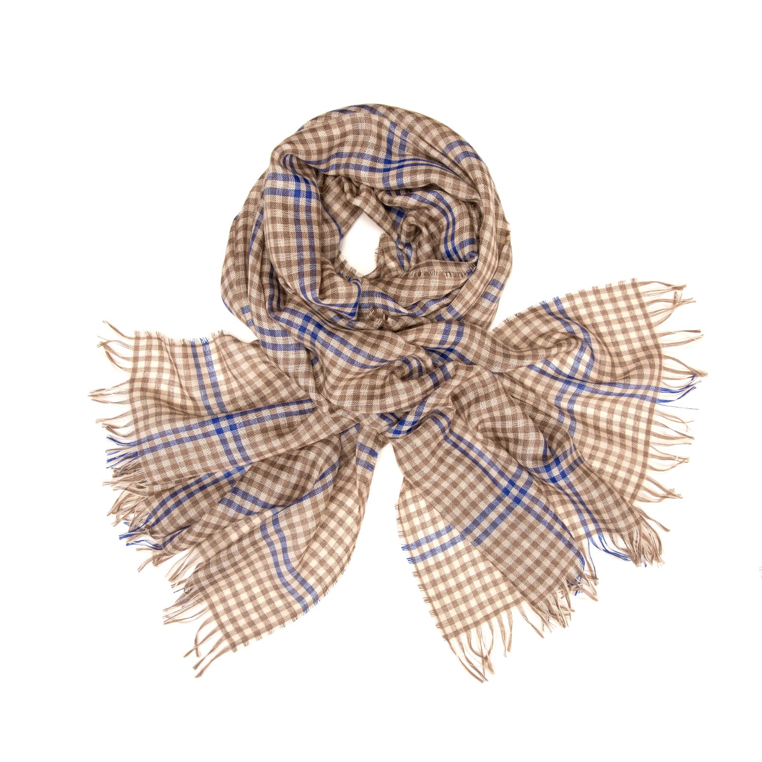 Women’s Neutrals / Blue Weekender Camel Gingham Cashmere & Silk Scarf Kinalba