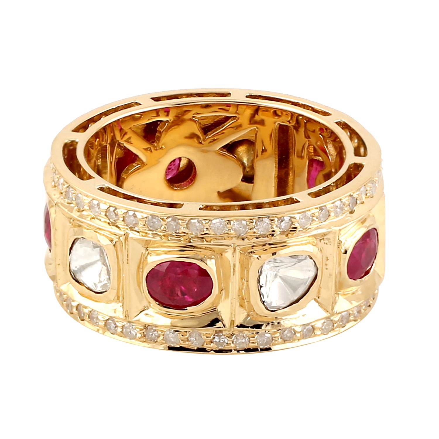 Artisan Women's Red / Gold / White 18k Yellow Gold Ruby & Uncut Diamond Wide Eternity Band Ring In Gold