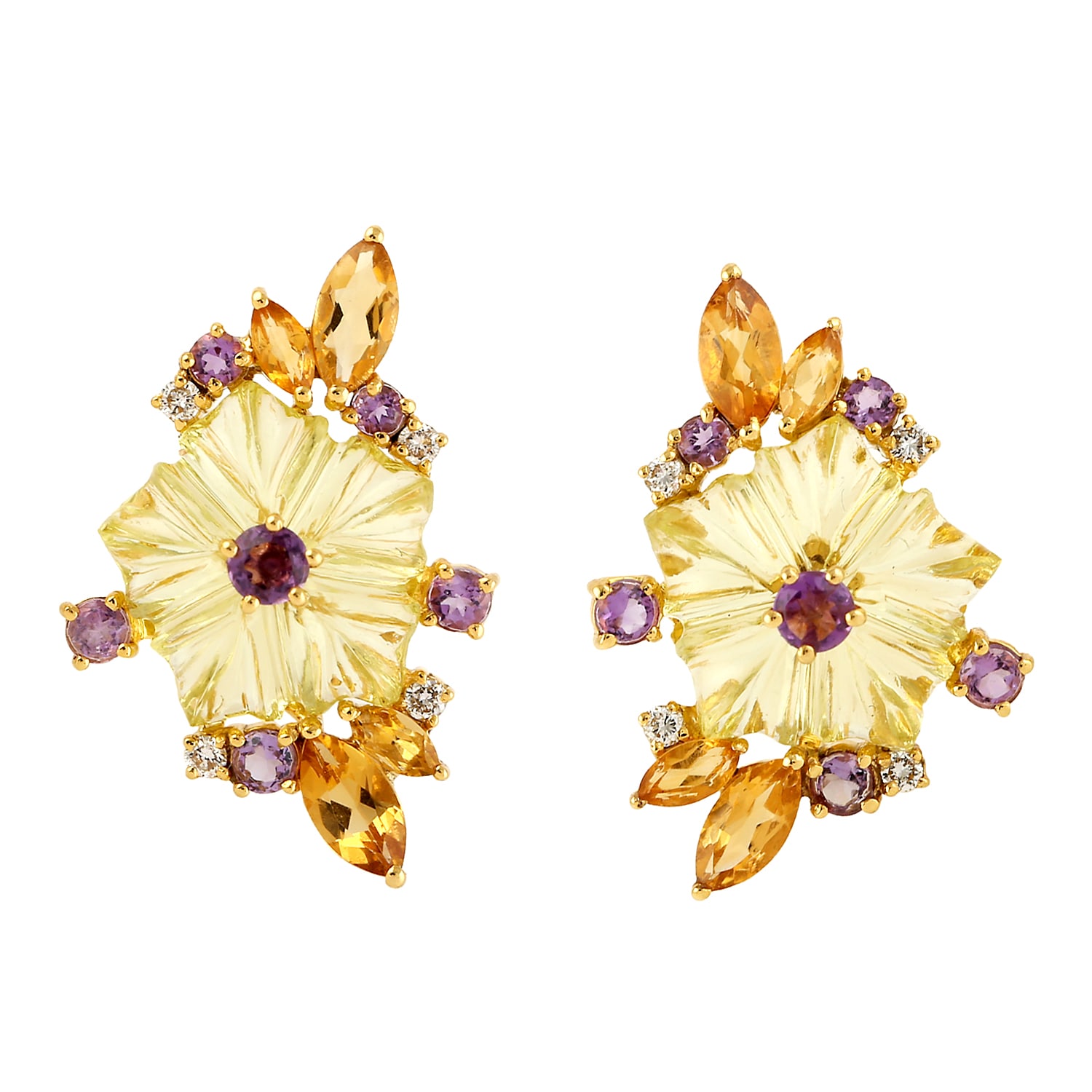 Women’s White / Gold 18K Gold Carved Mix Stone Flower Design & Multi Stone Pave Diamond Stud Earrings Artisan