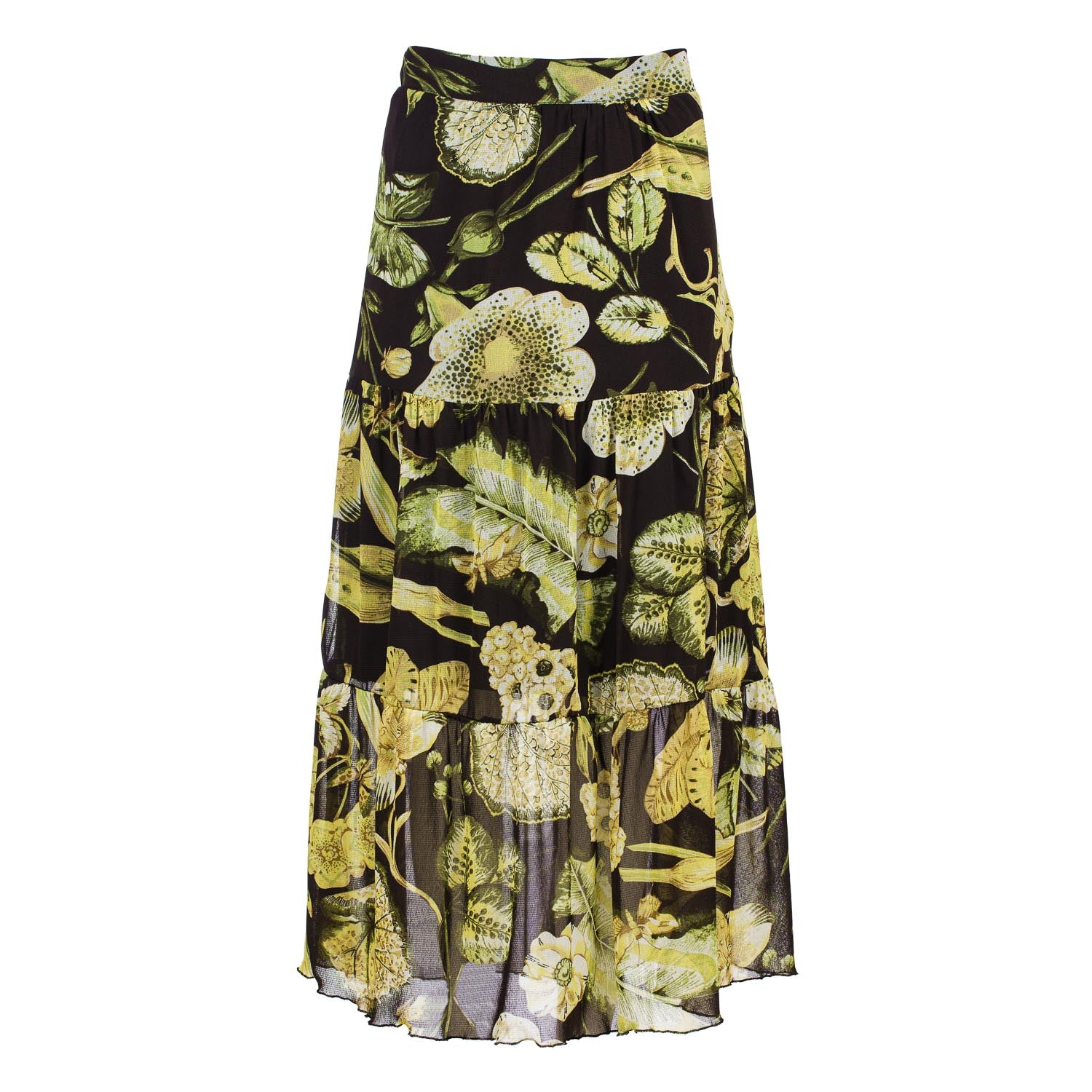 Conquista Women's Green Floral Print Sheer Tiered Skirt – Semi-maxi Length, Elastic Waist In Green