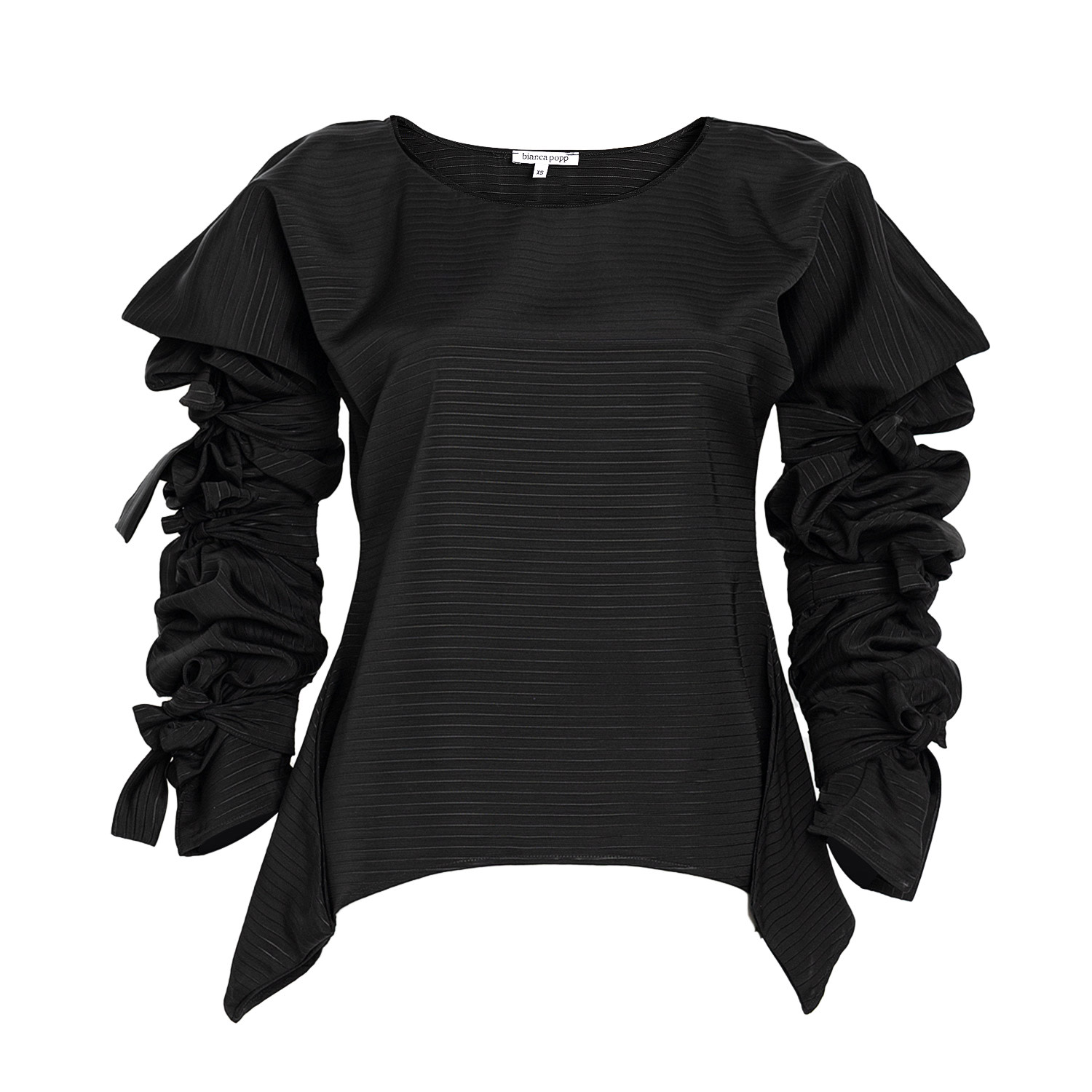 Bianca Popp Women's Ribbon Wrapped Blouse In Black With Discreet Stripes In Black