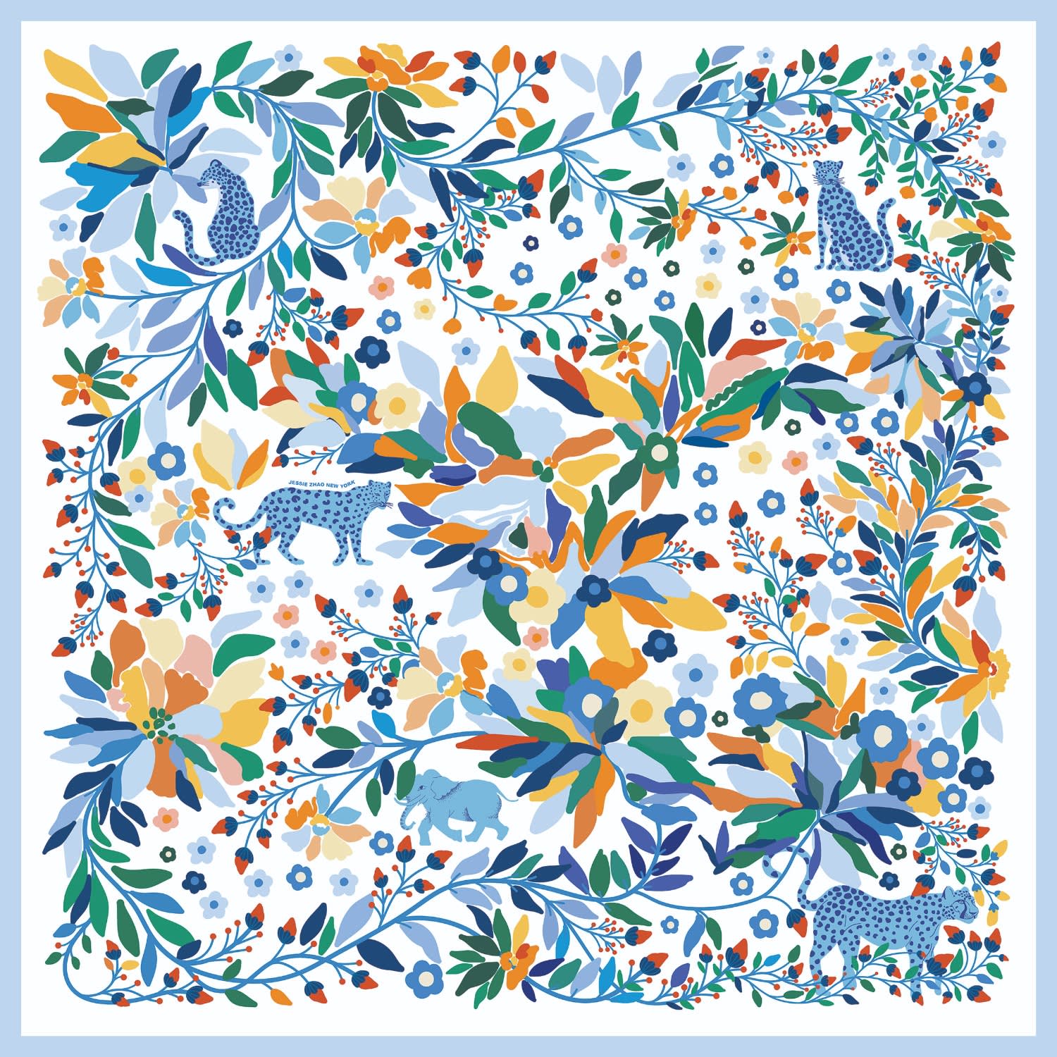 Jessie Zhao New York Women's White / Blue Double Sided Wool Silk Scarf Of Day Jungle Reverie
