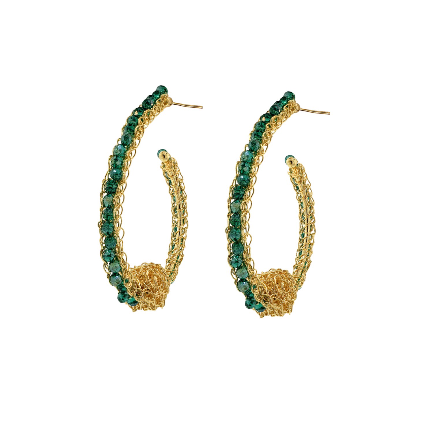 Lavish By Tricia Milaneze Women's Gold / Green Emerald Green & Gold Ovaly Hoops Handmade Crochet Earrings
