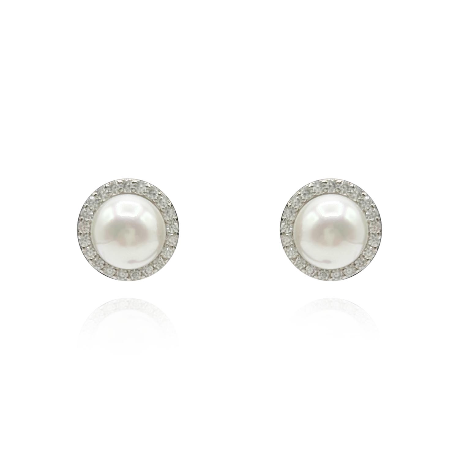 Michael Nash Jewelry Women's Neutrals Small Shell Pearl Clip-on Earrings Plated In Rhodium Surrounded By Pave Crystals"