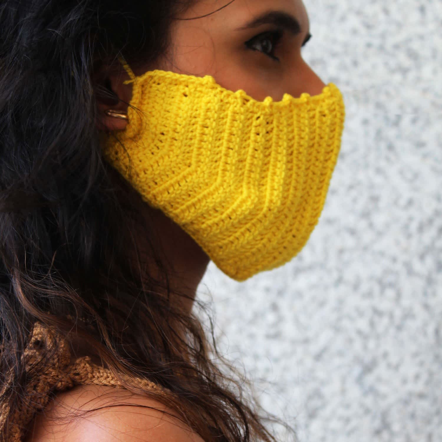 Download Crochet Face Mask In Yellow Crokini Swim Wolf Badger PSD Mockup Templates