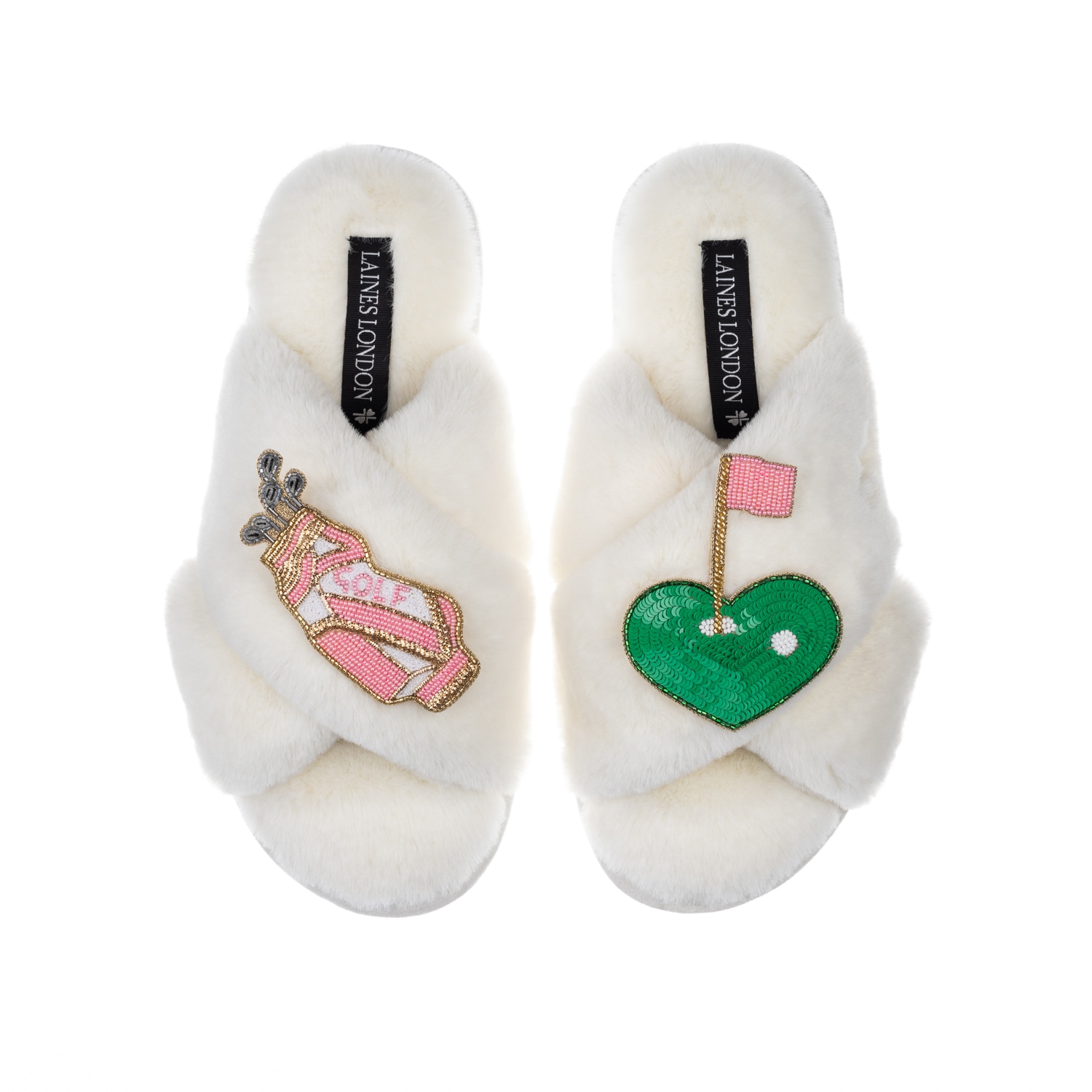 Women's White Classic Laines Slippers With Golf Lover Brooches - Cream | Large | Laines London
