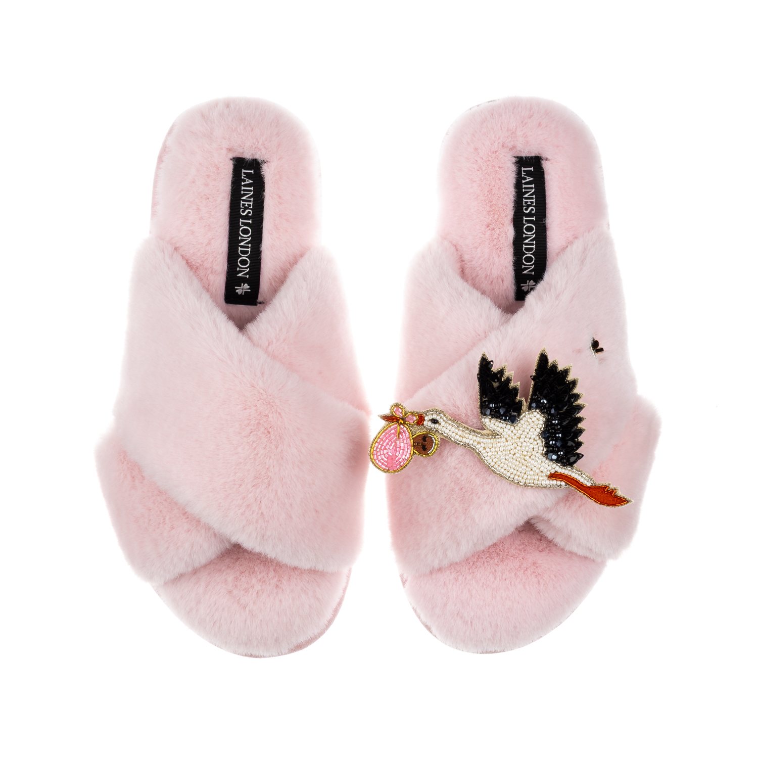 Women's Pink Classic Laines Slippers With Baby Girl Stork Brooch