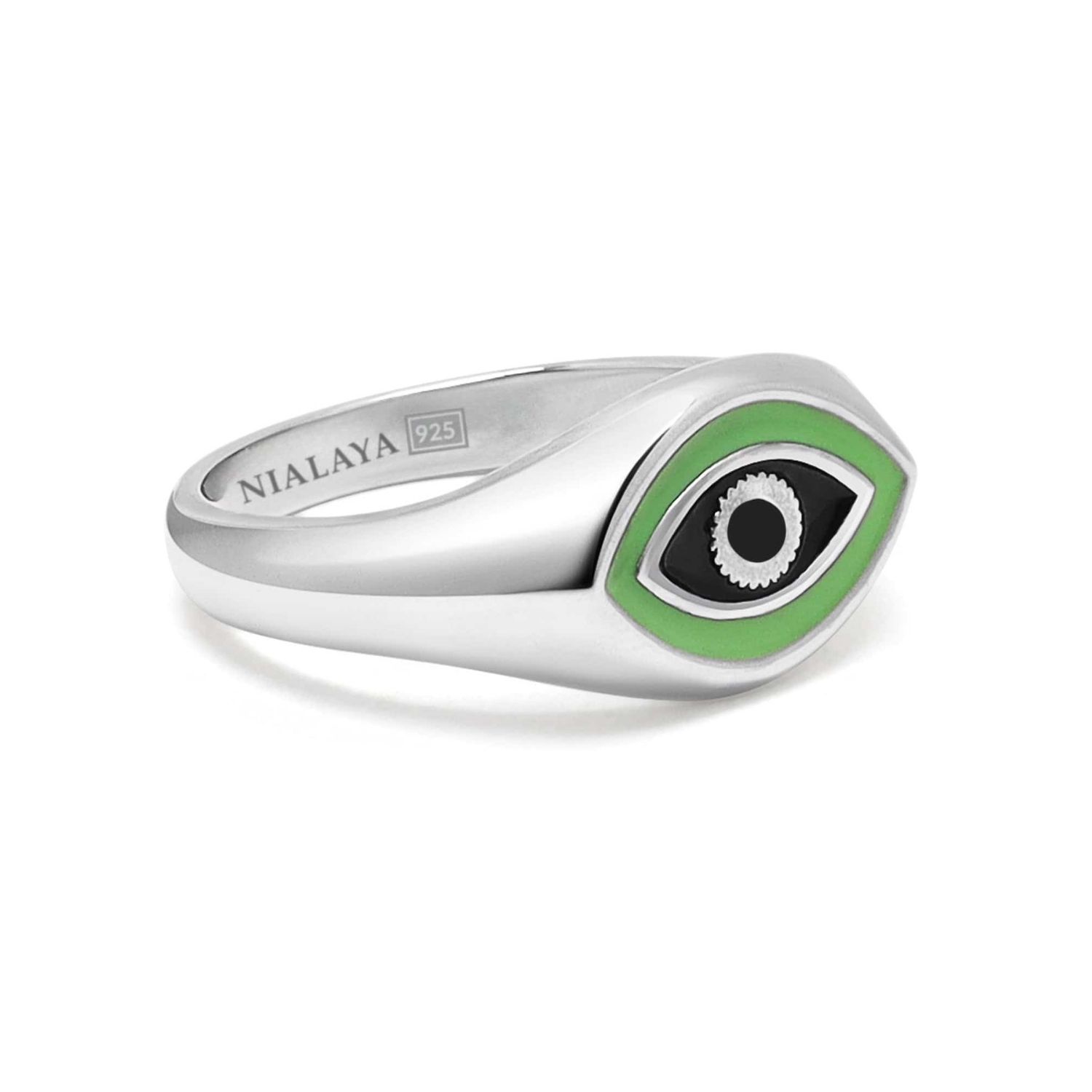 Nialaya Silver / Green Men's Sterling Silver Evil Eye Signet Ring