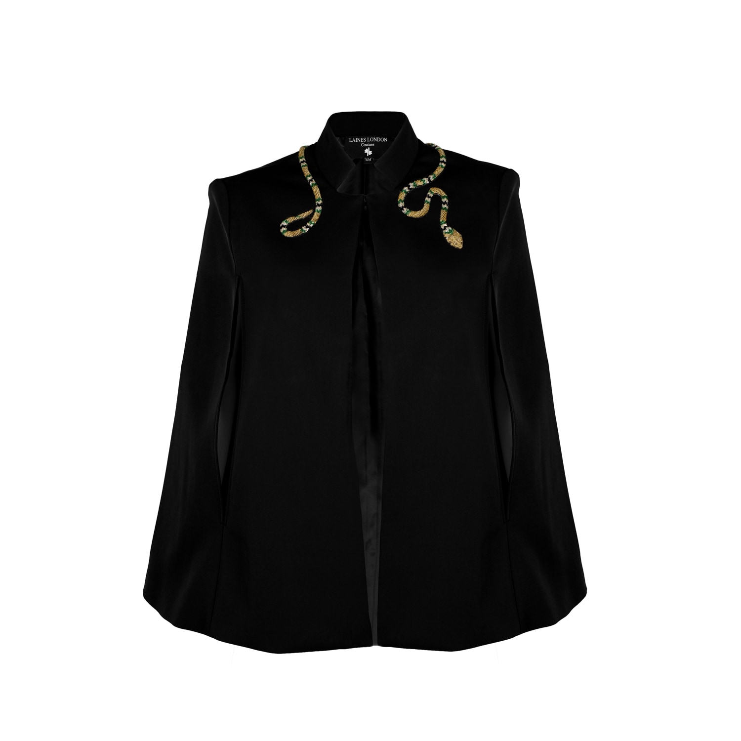 Laines London Women's Black Laines Couture Tailored Cape With Embellished Green & Gold Wrap Around Snake In Black