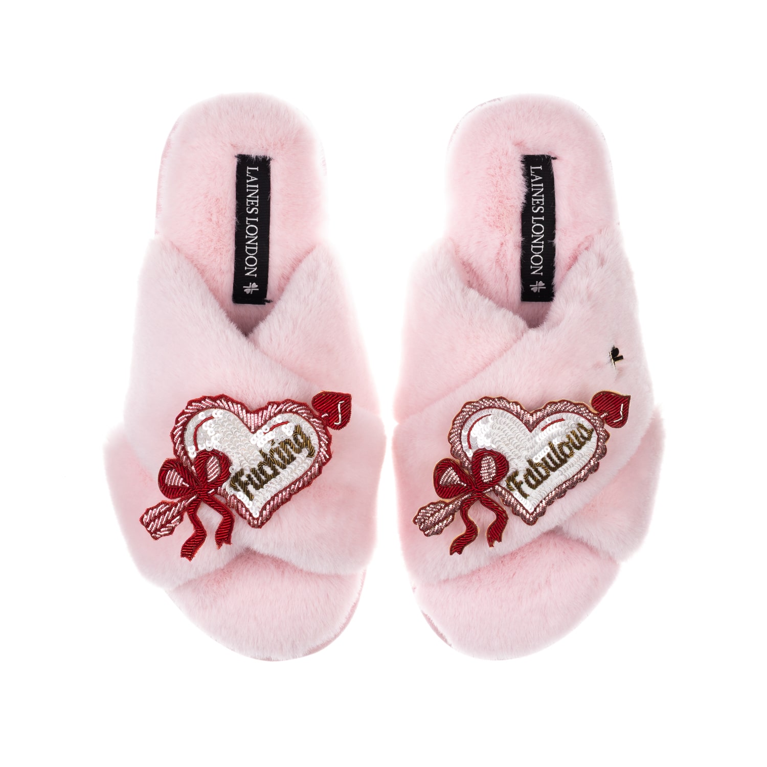 Women's Classic Laines Slippers With Fucking Fabulous Hearts Brooches - Pink | Medium | Laines London