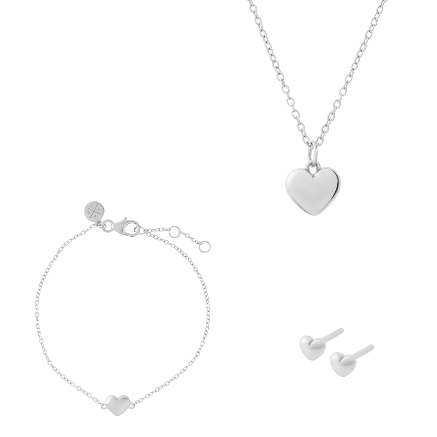 Women’s Puffed Heart Necklace, Bracelet And Studs Silver Cartilage Cartel