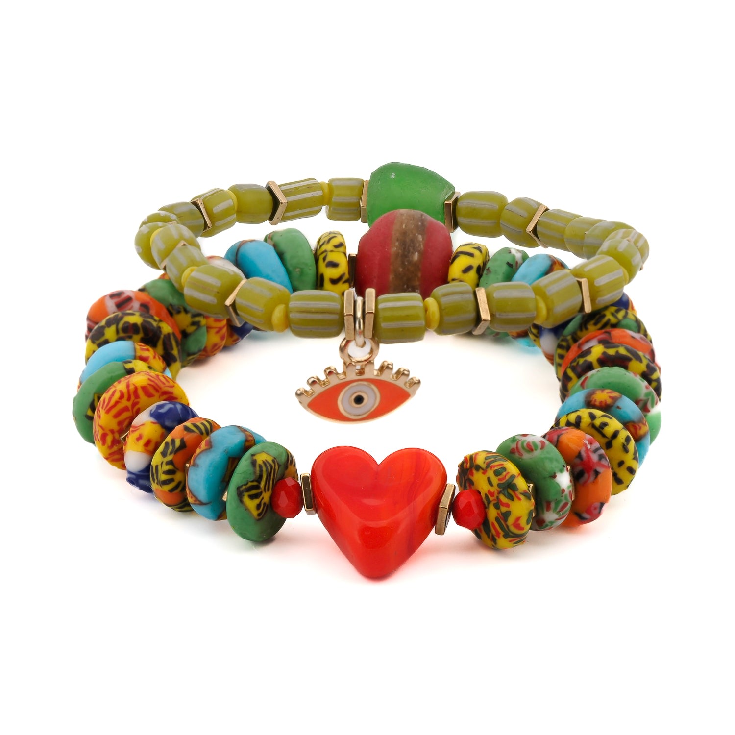 Women’s Green / Yellow / Orange Bohemian Style Red Heart & Evil Eye Happy Bracelet Set - Multicolor Ebru Jewelry