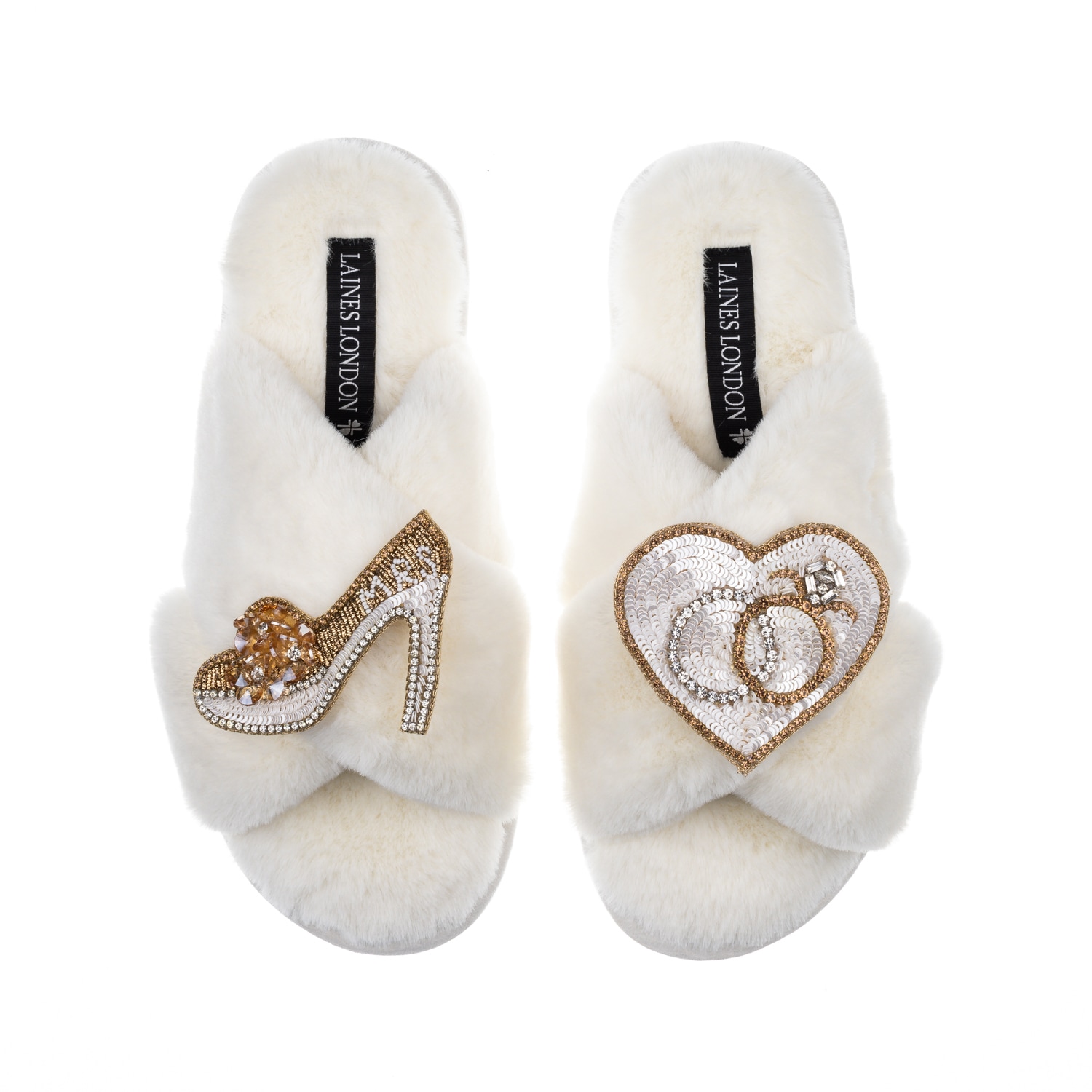 Women’s White Classic Laines Slippers With Mrs Heel & Wedding Ring Brooches - Cream Large Laines London