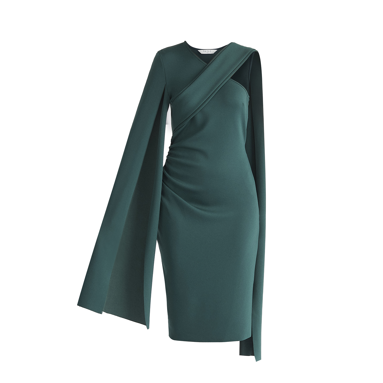 Paisie Asymmetric Draped Cape Sleeve Dress - Green