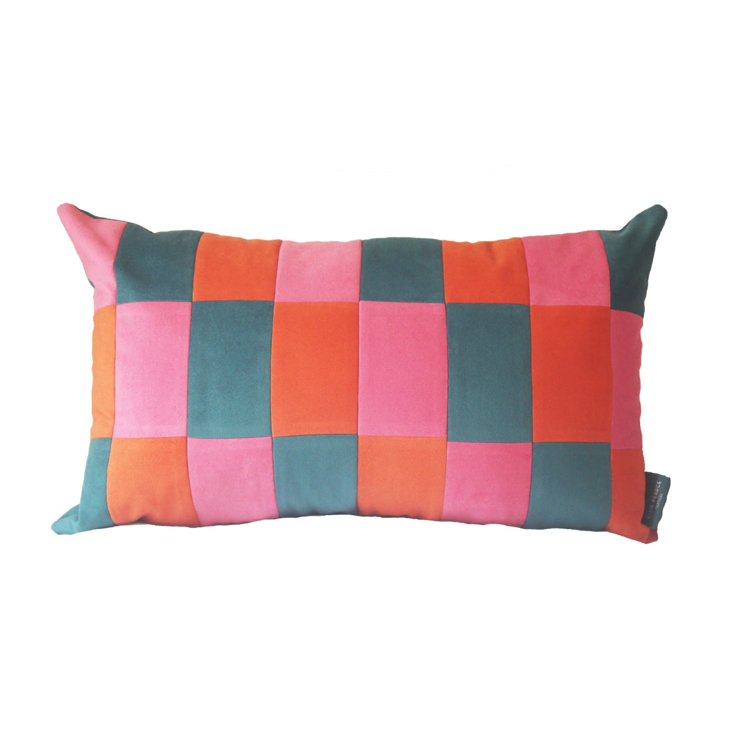 Rectangular Velvet Checked Cushion - Pink, Orange & Teal Ellie Pearce Textiles