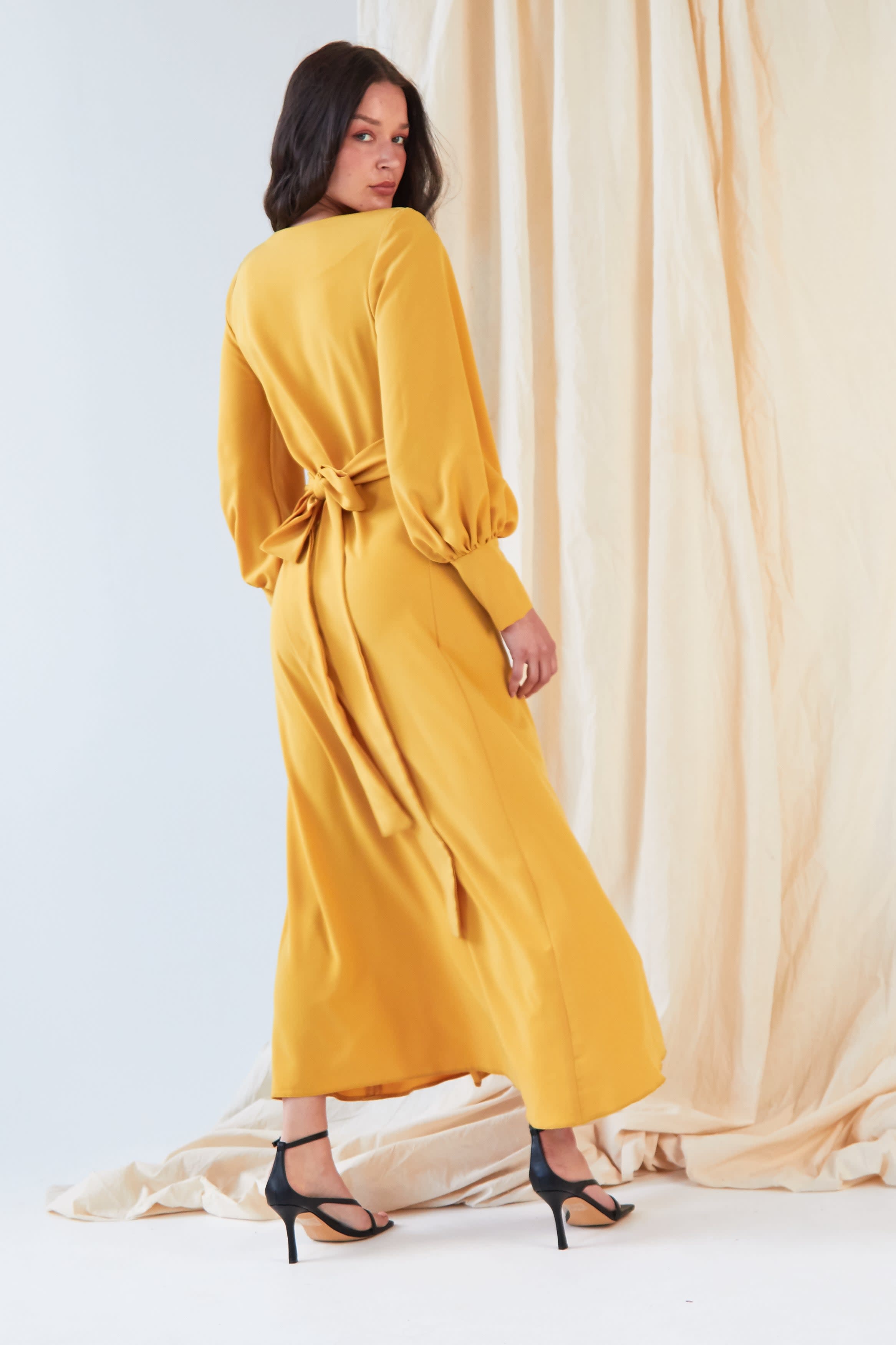 Women s Yellow Orange Mustard Maxi Wrap Dress Medium Sarvin