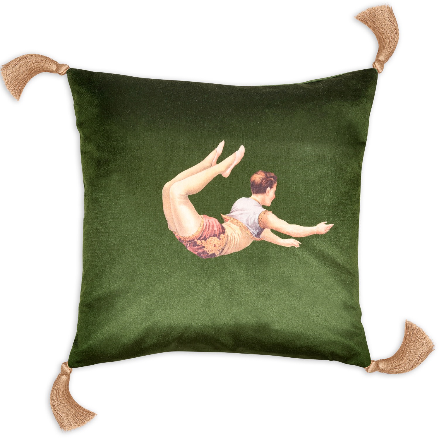 Green / Gold Trapeze Boy Velvet Cushion Lush Meadow Green Melody Rose London