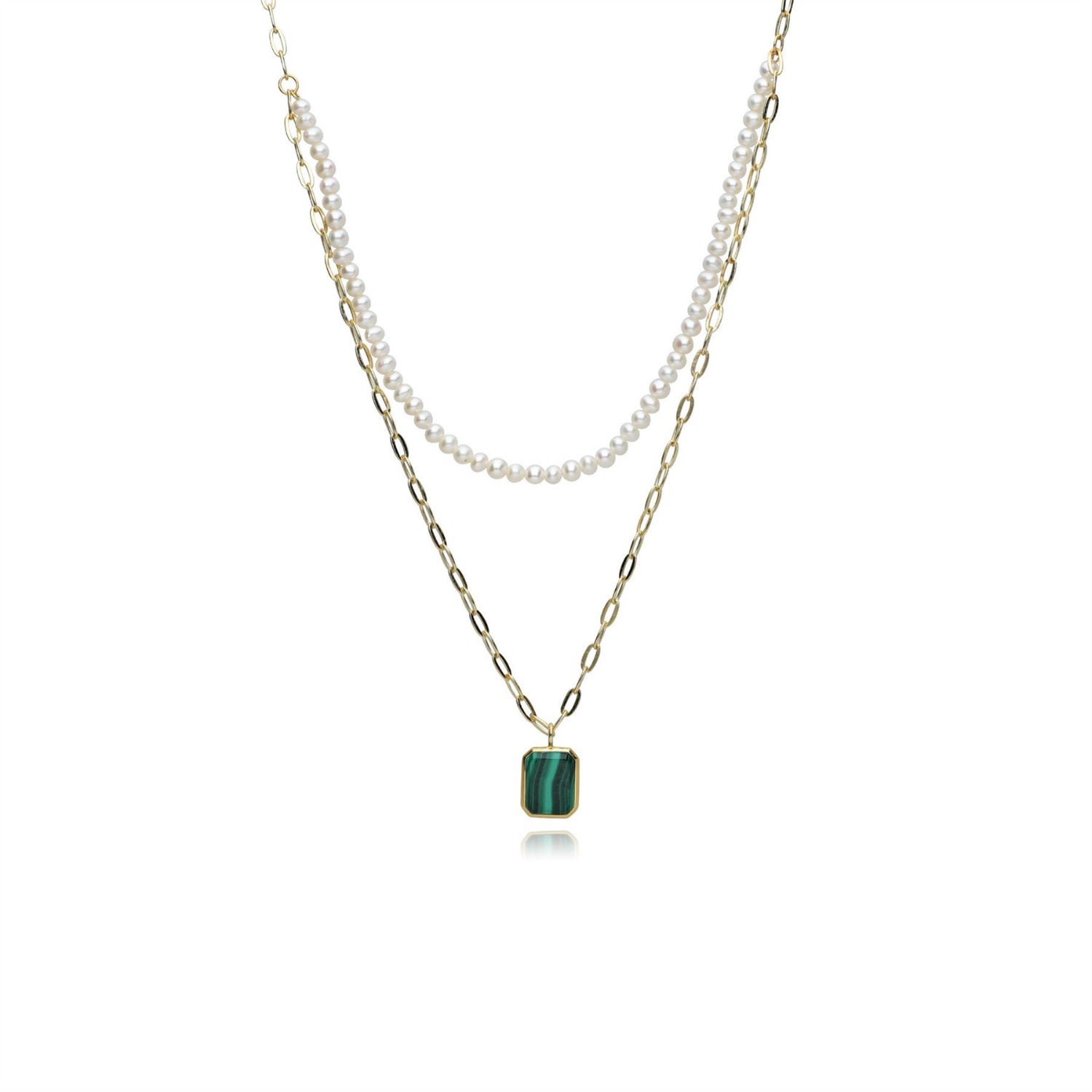 Women’s Green Ecfew Gold Plated Sterling Silver Malachite & Pearl Layered Necklace Gemondo