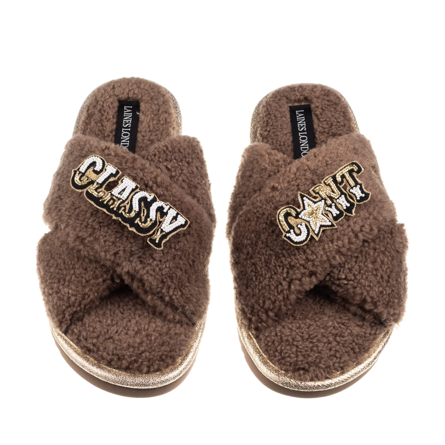 Laines London Women's Brown / Neutrals Laines Neutral Boucle Slippers With Classy Cunt Brooches - Mink In Brown