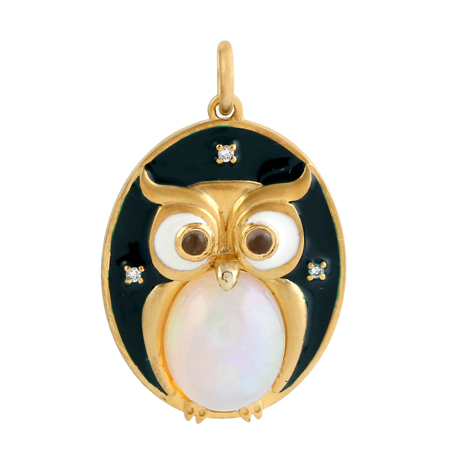 Women’s White / Gold Oval Ethiopian Opal & Quartz Smoky With Diamond In 14K Gold Owl Enamel Pendant Artisan