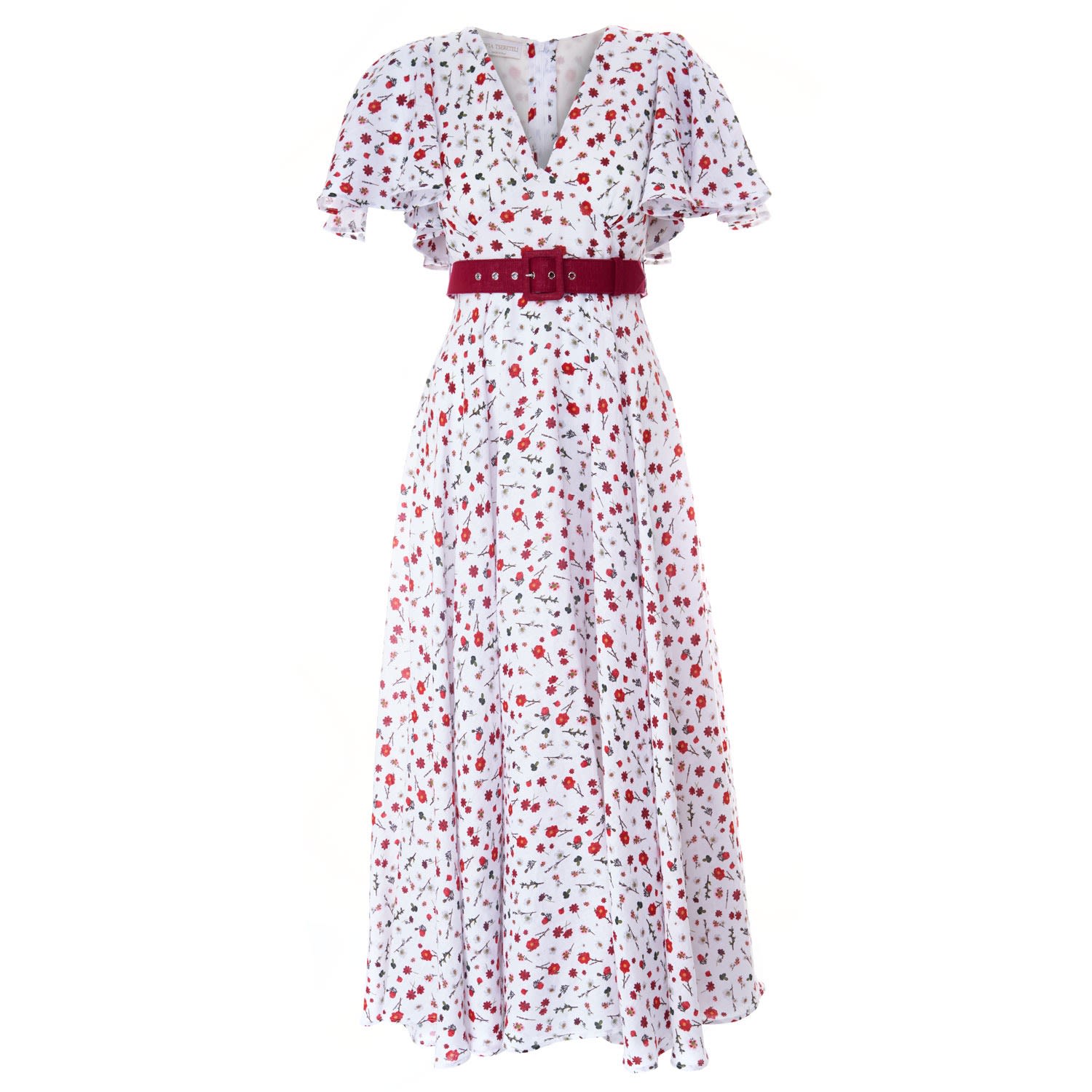 Women's White / Red Floral Print Linen Dress | Xxs | Sofia Tsereteli