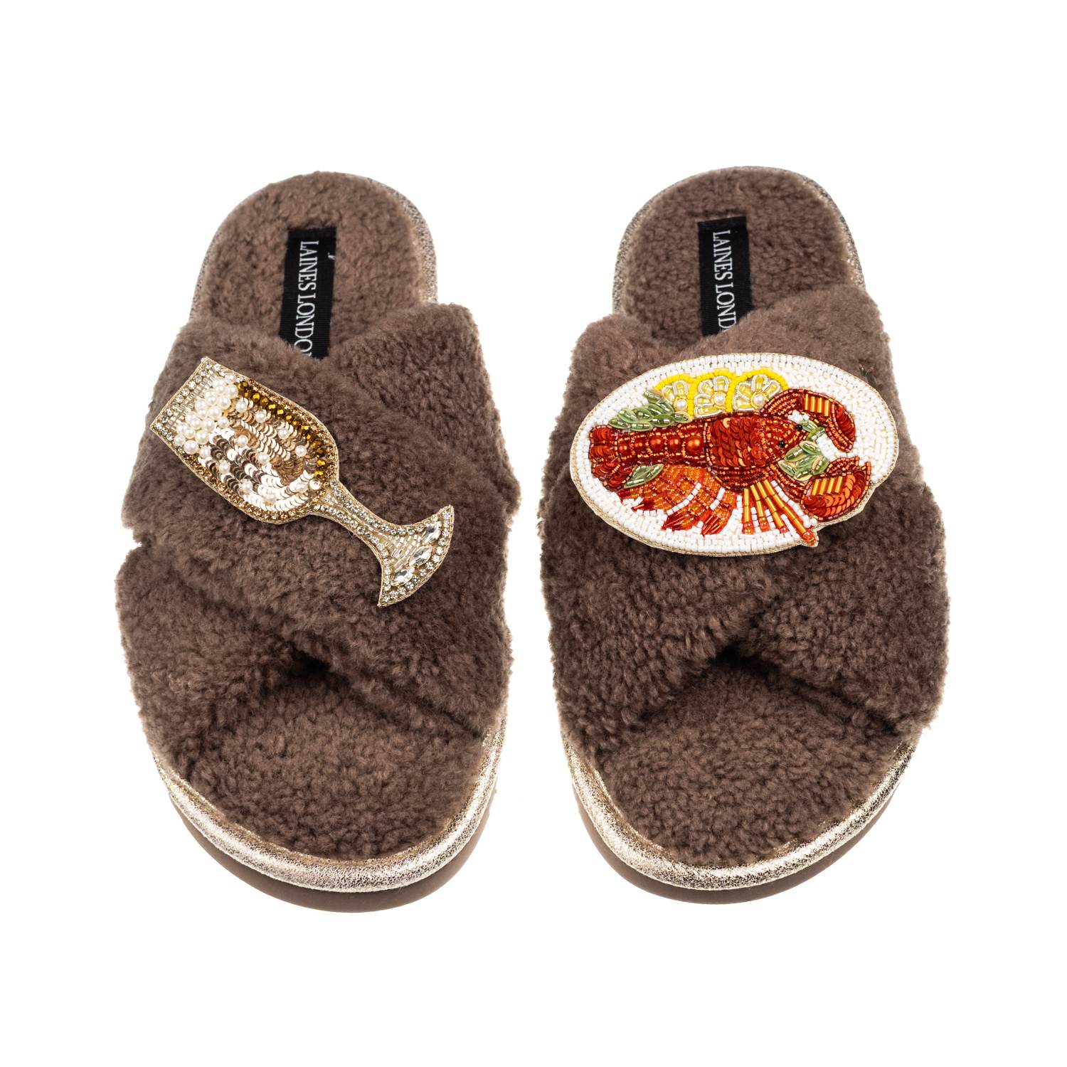 Laines London Women's Brown / Neutrals Laines Neutral Boucle Slippers With Lobster Platter & Champers Glass Brooch