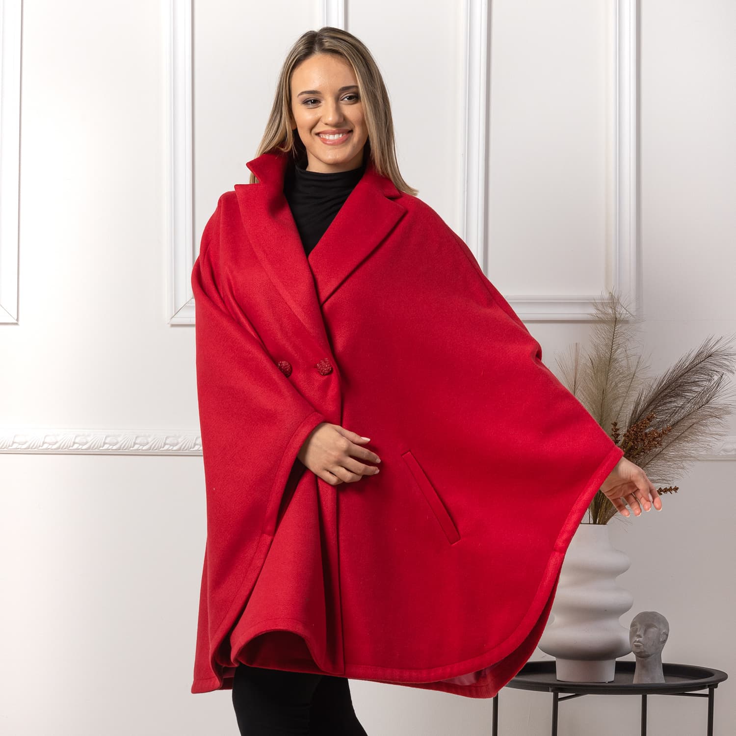 Winter Wool Cape Coat With Buttons In Raspberry Color | Nikka