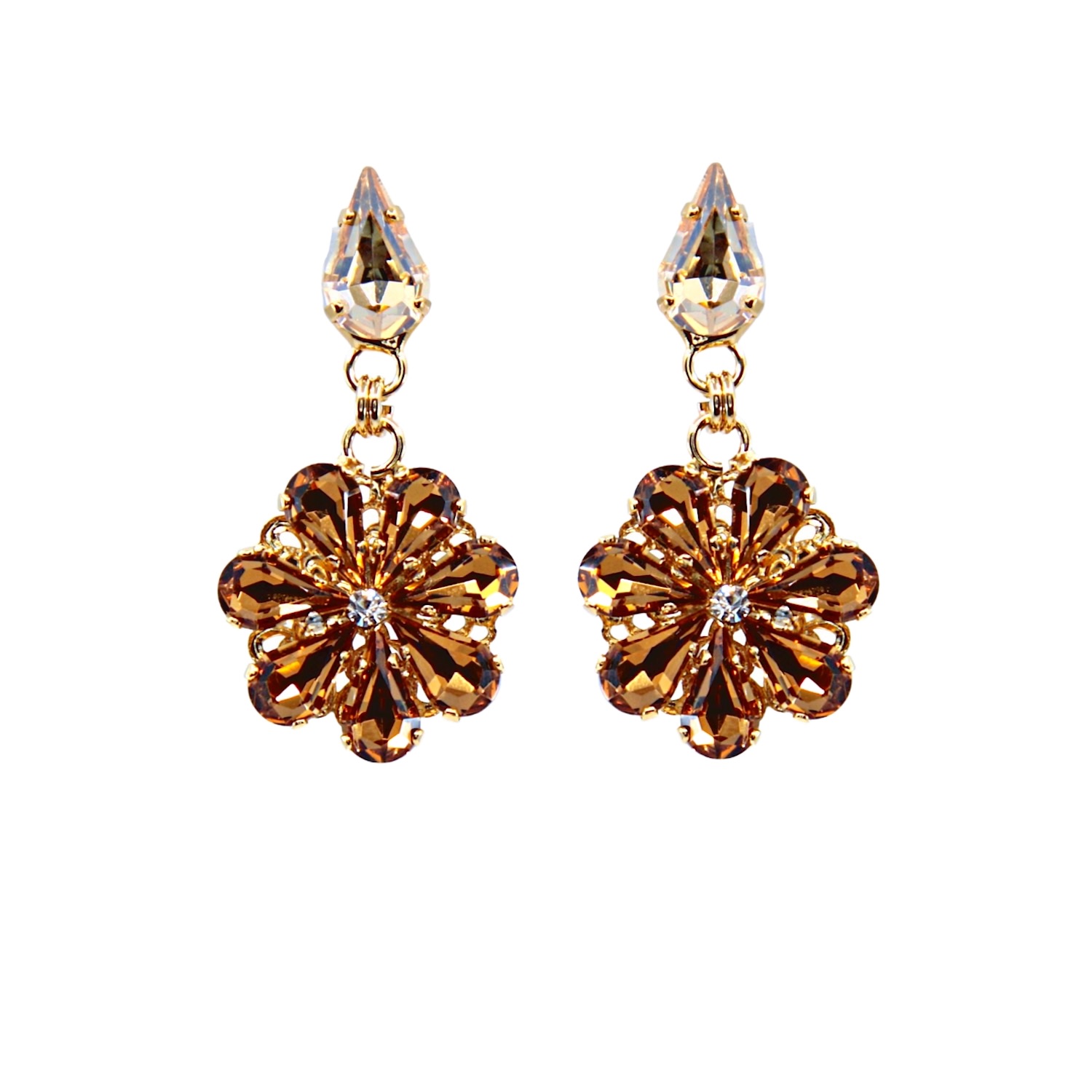 Damapreziosa Women's Gold / Neutrals / Brown Daisy Pendant Earrings With Crystal Drops In Amber And Topaz In Multi